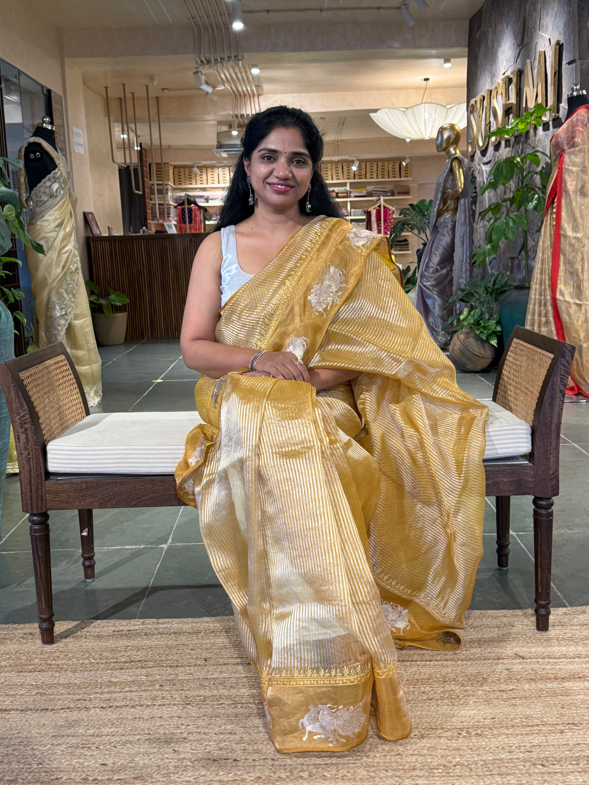 Mustard Tissue Stripes Saree with Nandi Border & Tissue Petite Point Blouse