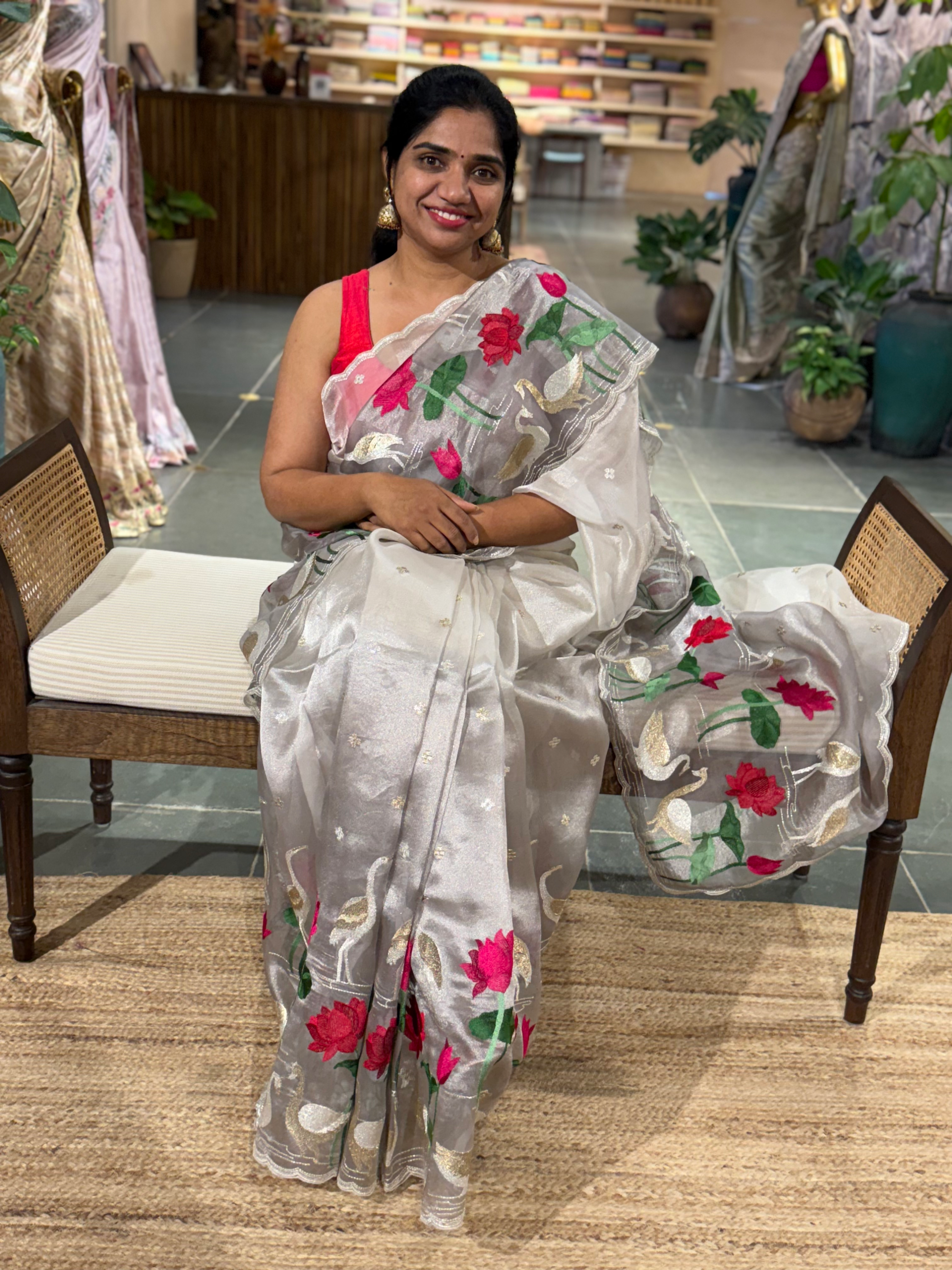 Handloom Kora Tissue Stripes Pichwai Pond themed Embroidered  Saree