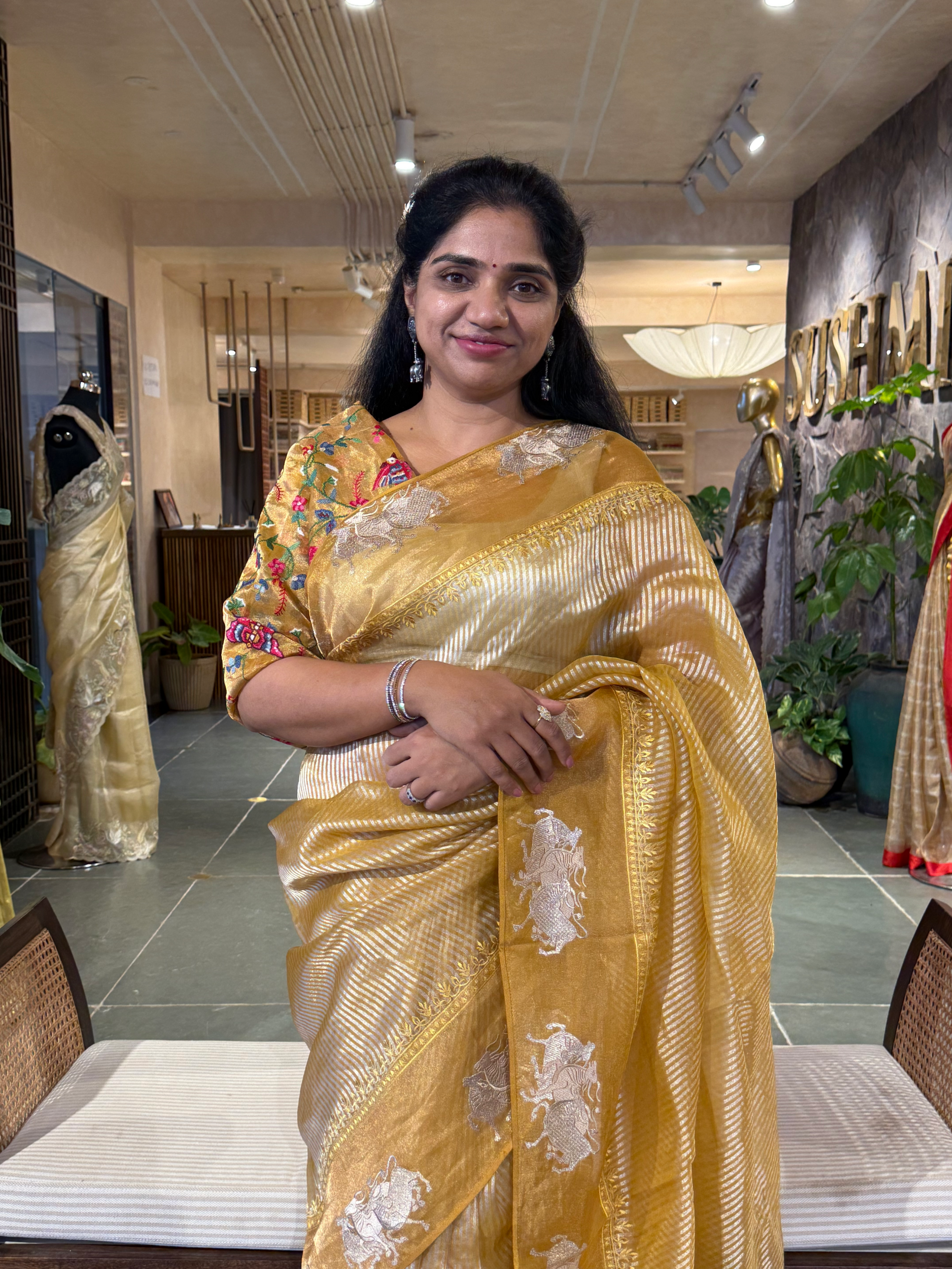 Mustard Tissue Stripes Saree with Nandi Border & Tissue Petite Point Blouse