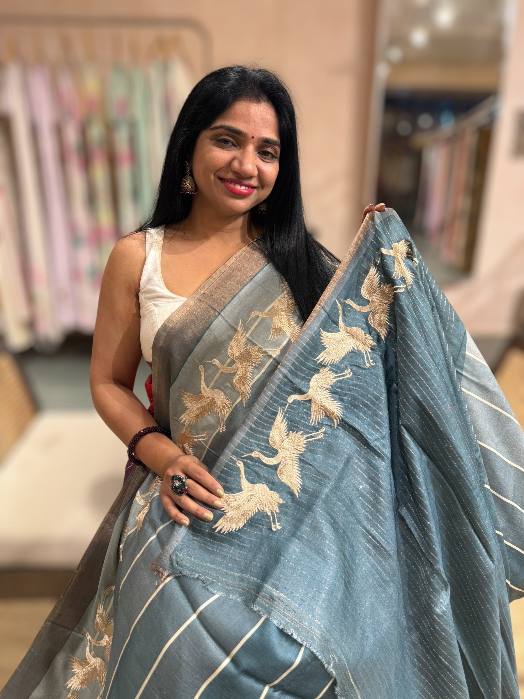 Tussar Rangkaat Saree With Crane Embroidered Border