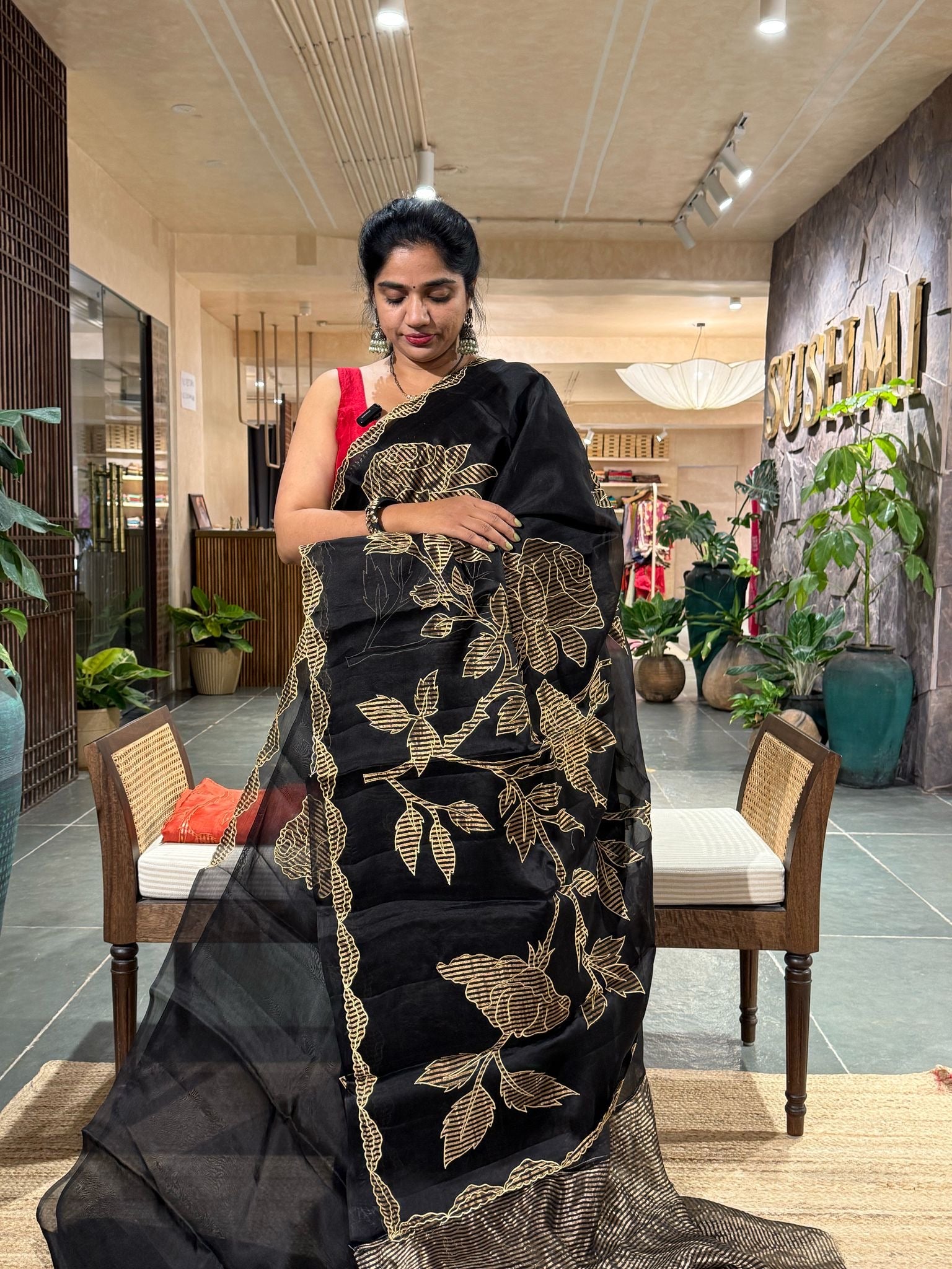 Black Pure Organza Silk Saree with Kora Tissue stripes