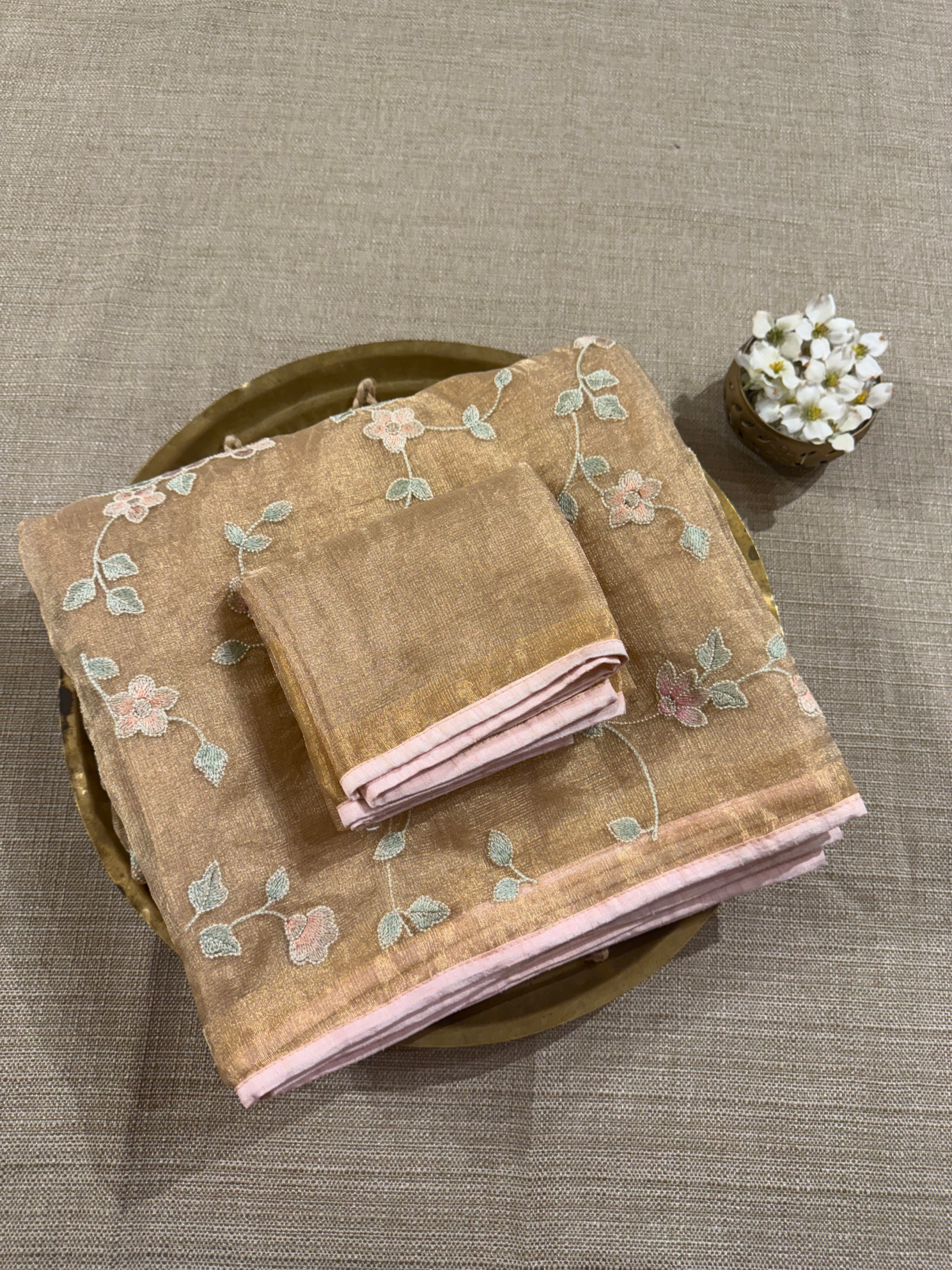 GTEA2001 : Pure Handloom Gold Tissue Saree With Allover Embroidery