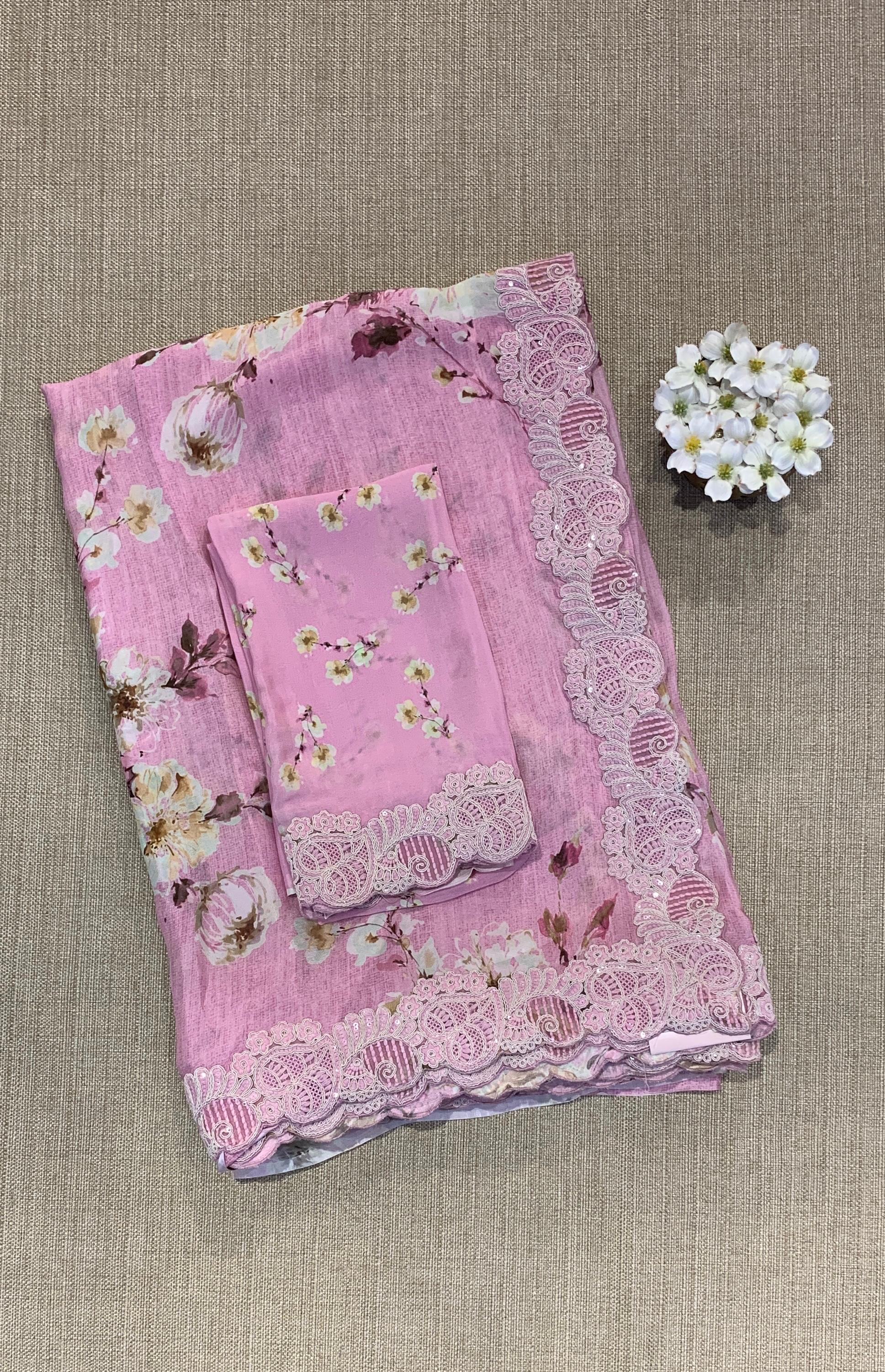 Lotus Pink Crepe Silk Gorgette Floral Printed Saree with Cutwork Border
