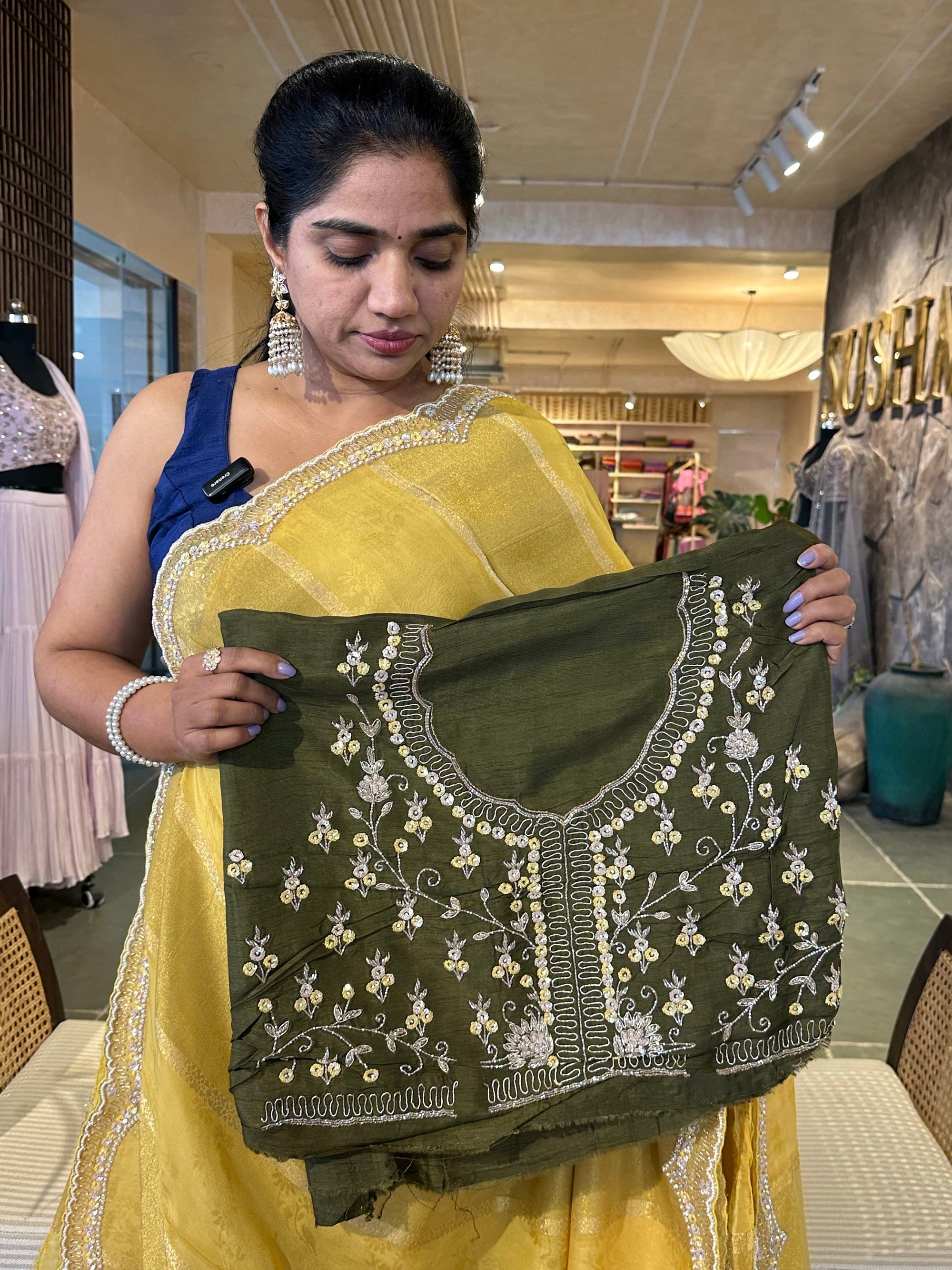 Yellow Tissue and kora brasso Saree with Scalloped handwork borders & blouse