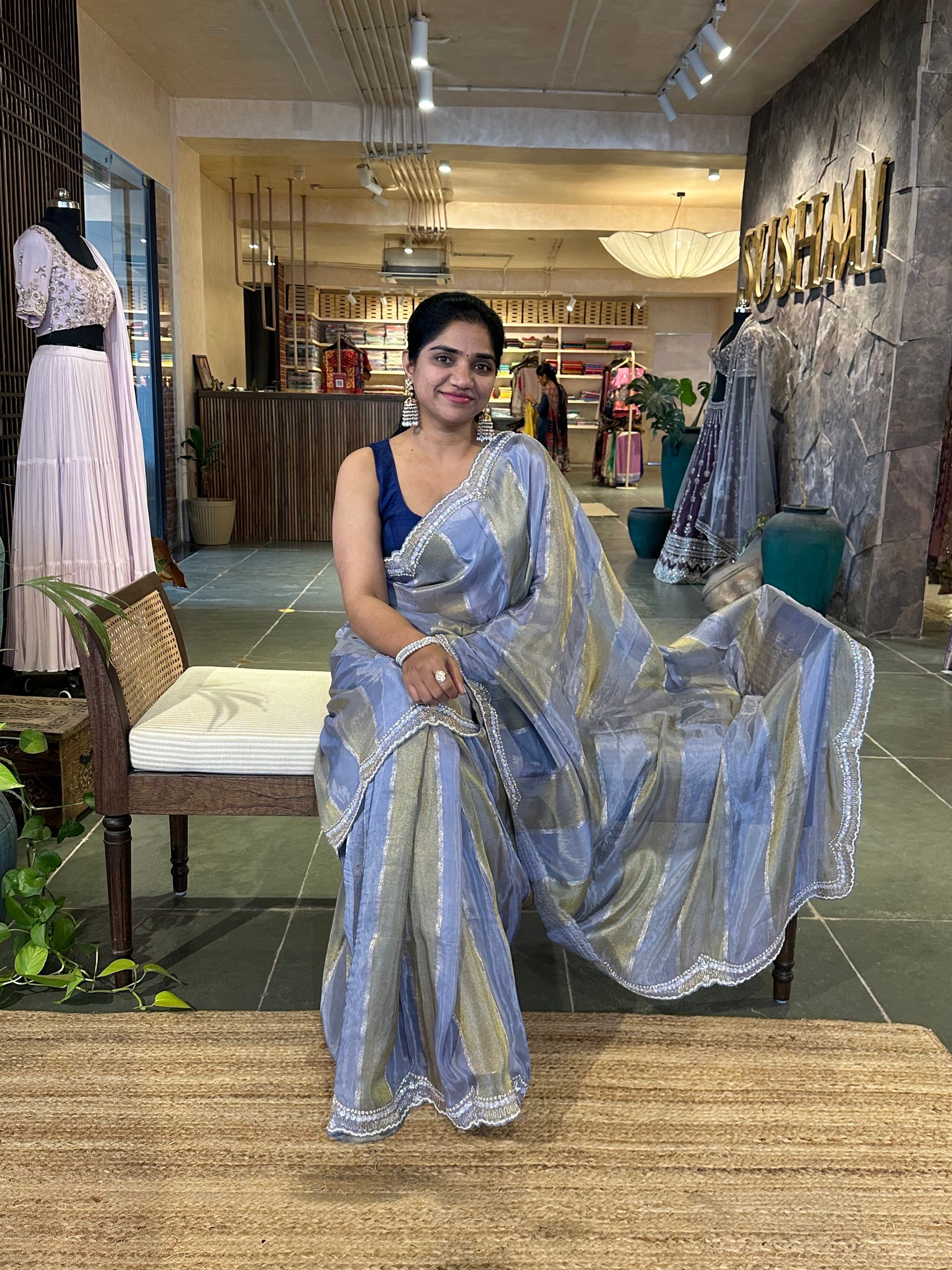 Slate Blue Tissue and kora brasso Saree with Scalloped handwork borders & blouse
