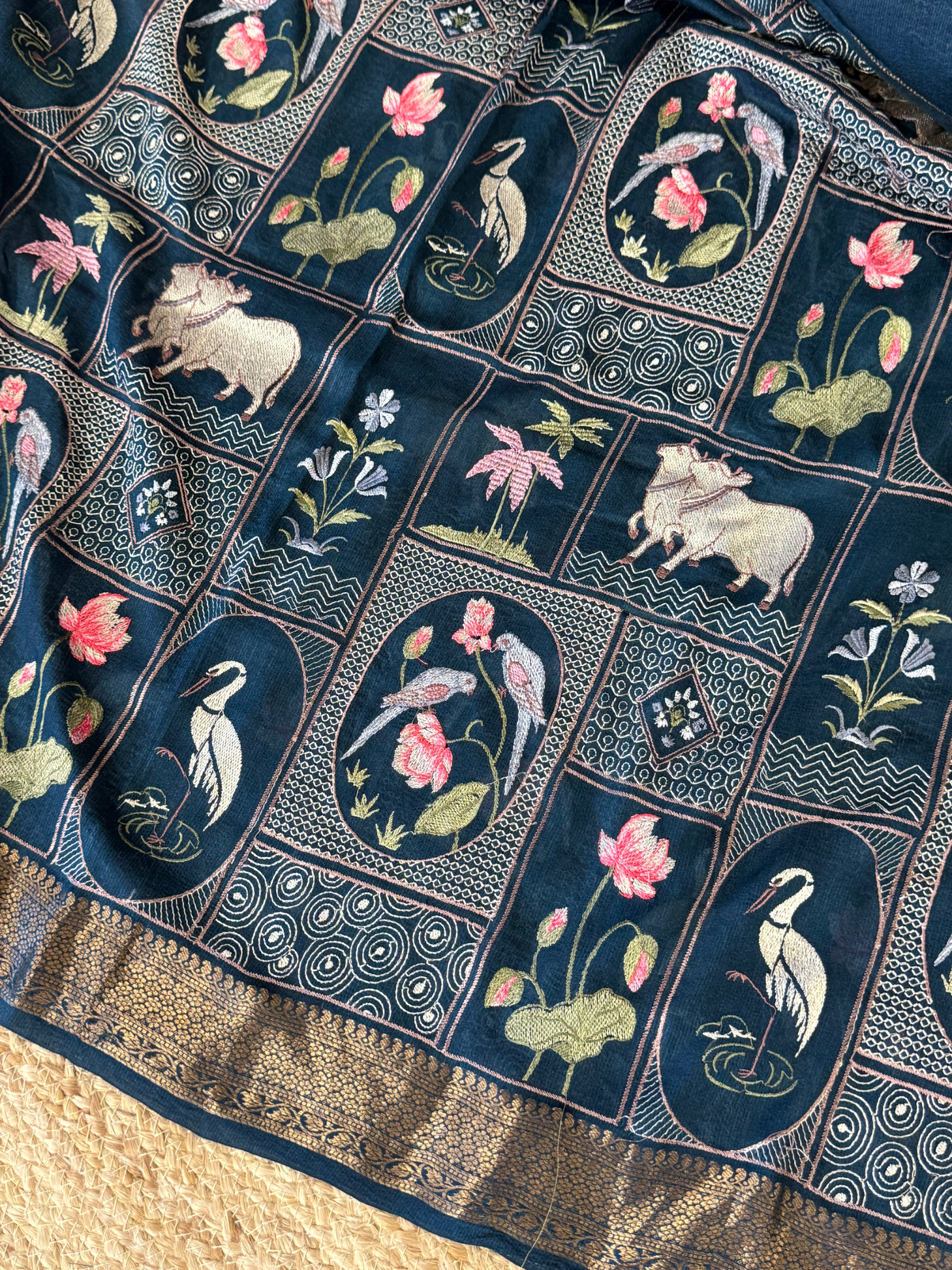 SMSEA107 Peacock Blue Pure Handloom Munga Silk Saree with Pichwai Embroidery