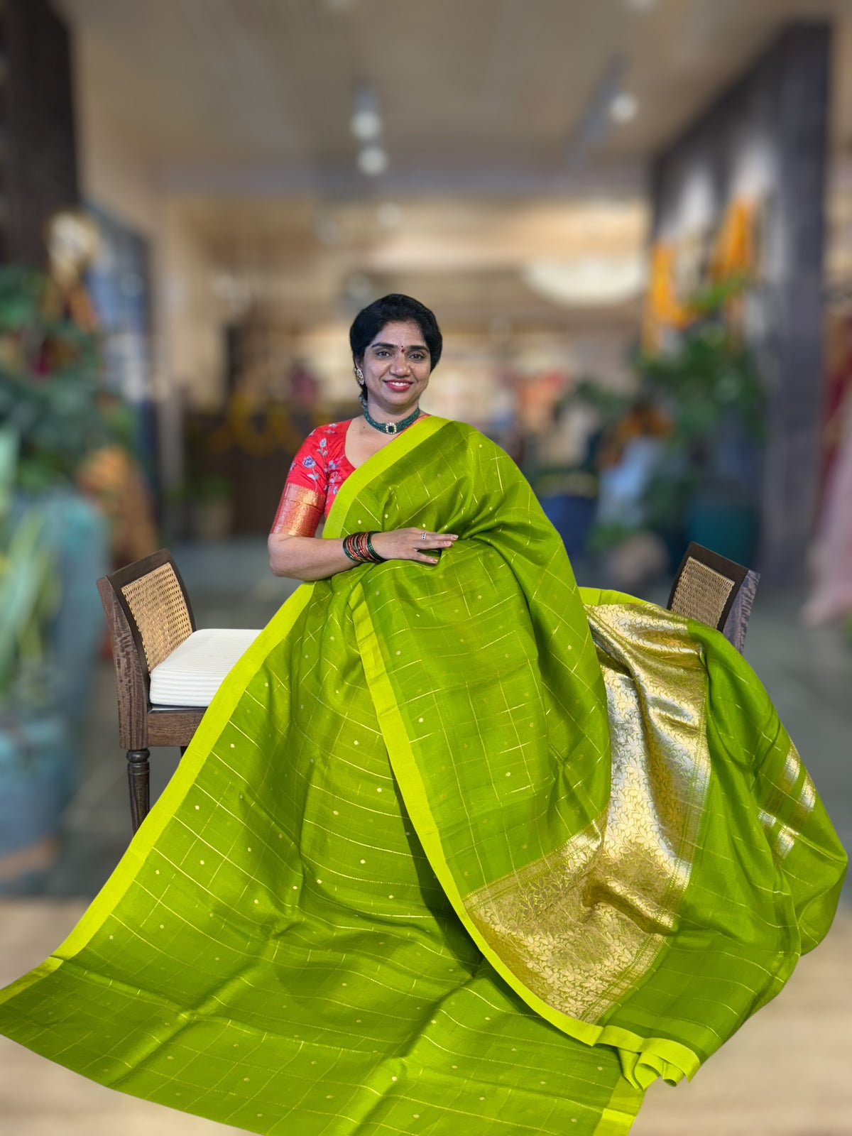 Parrot Green Handloom Banarasi Kora Checks Saree with Kaduwa Woven Zari Motifs .