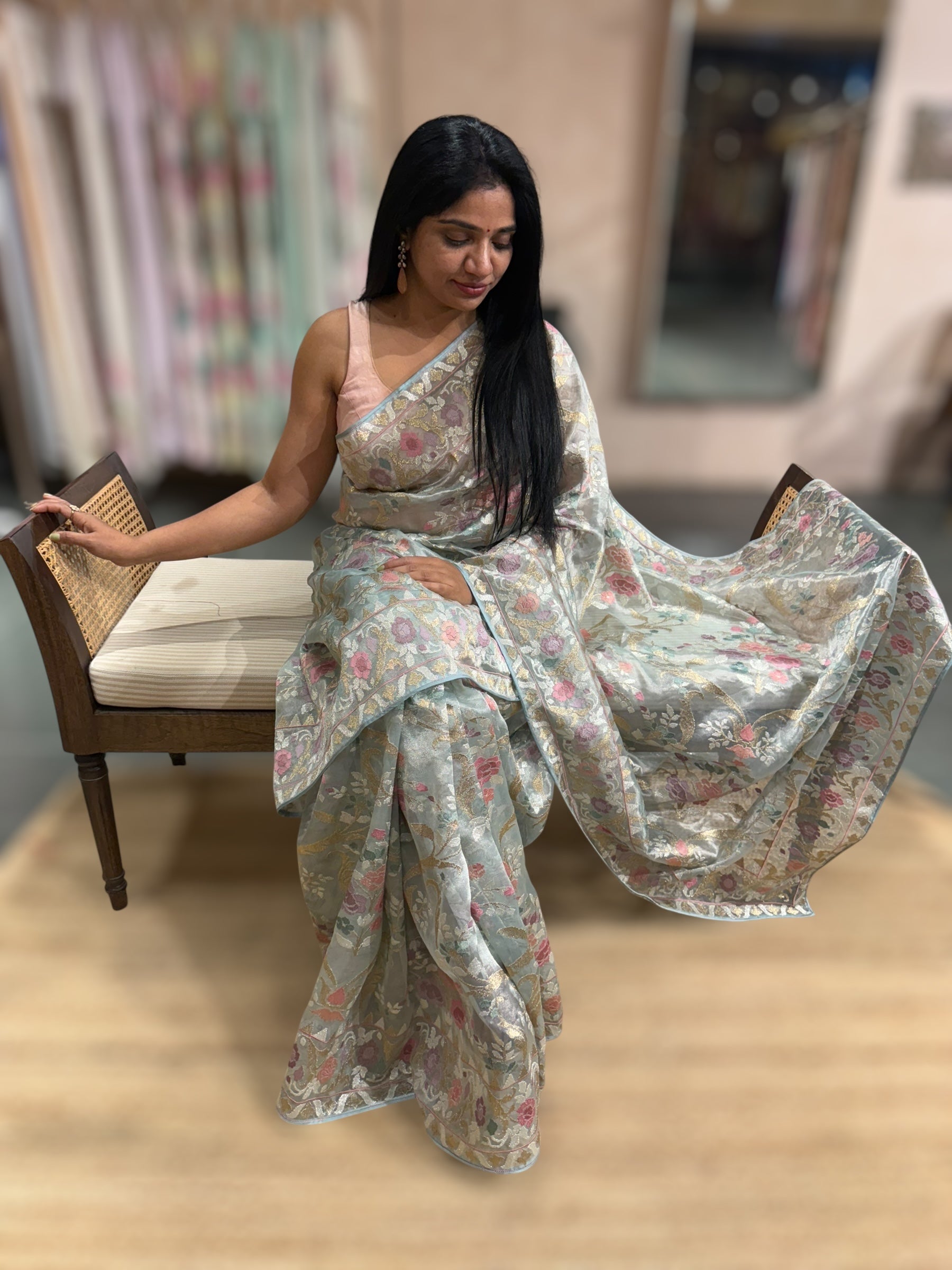 Powder Blue Pure Tissue With Jamdani Inspired Allover Embroidery