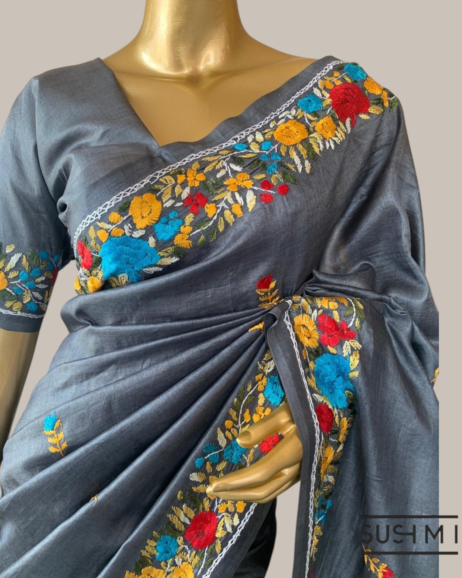 Elephant Grey Pure Tussar Saree with Parsi handwork