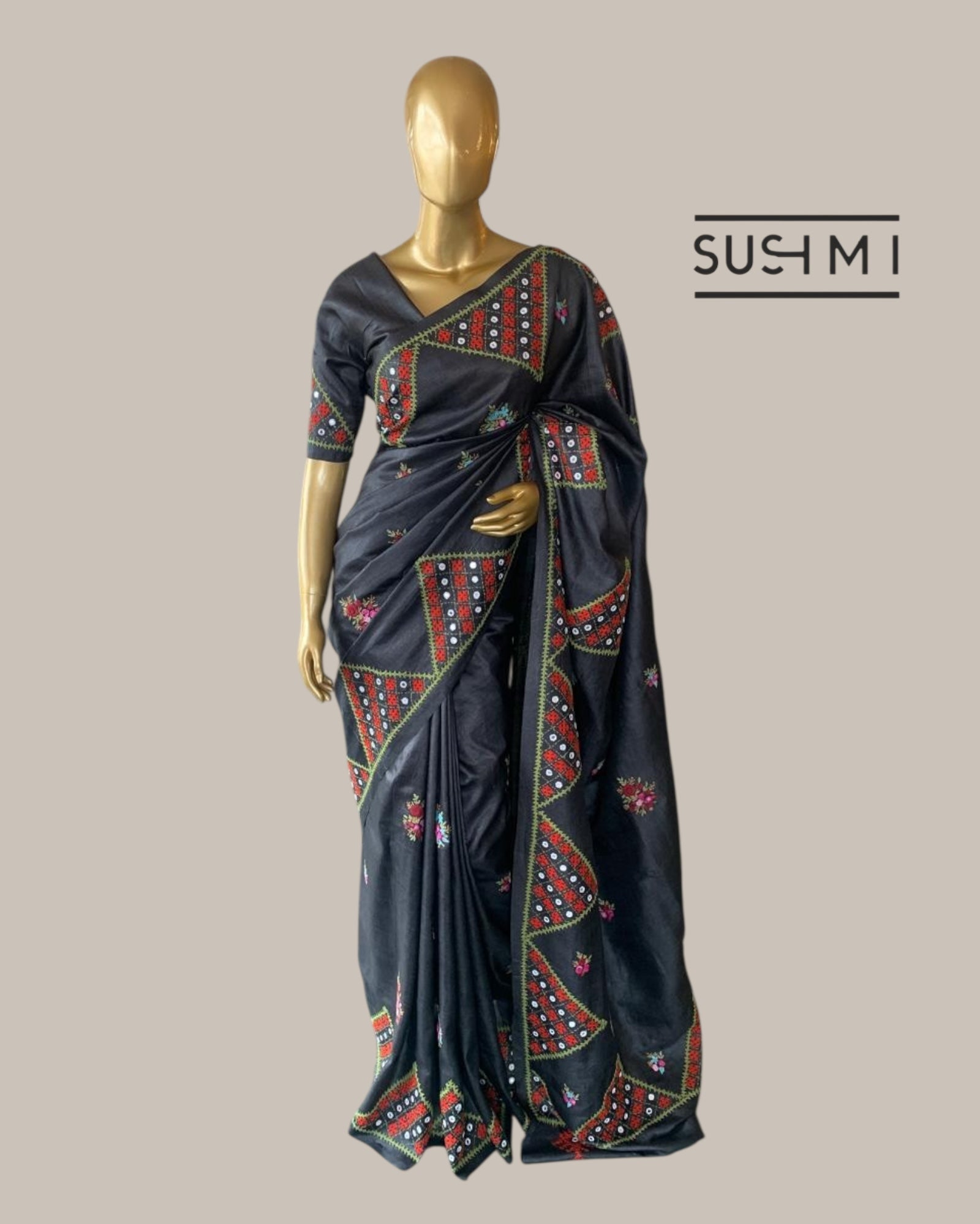 Elephant Grey Pure Tussar Saree with handwork Kutch embroidered with mirrors