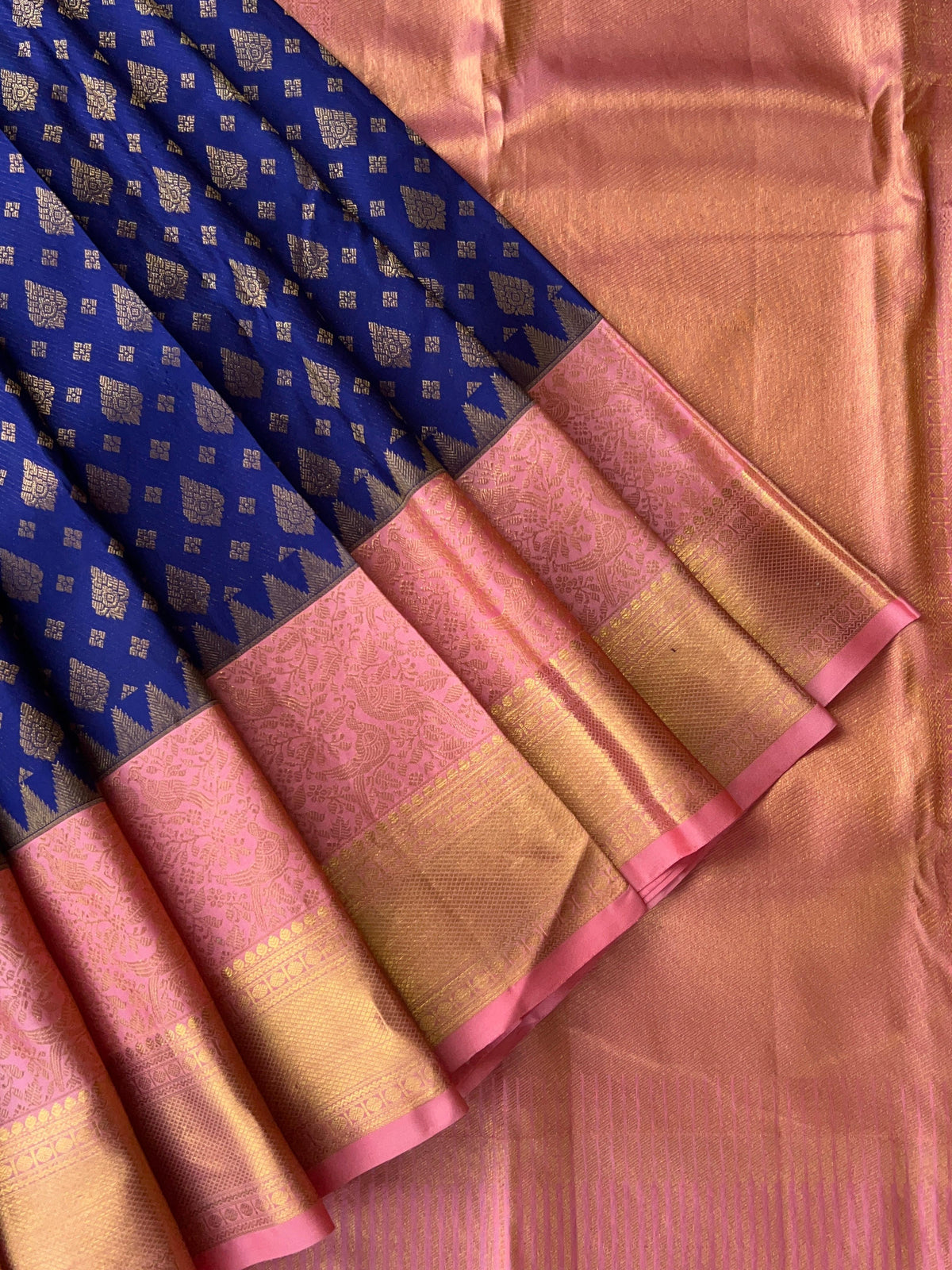 Purplish  Blue & Peach Pink Pure Kanchi Pattu Saree