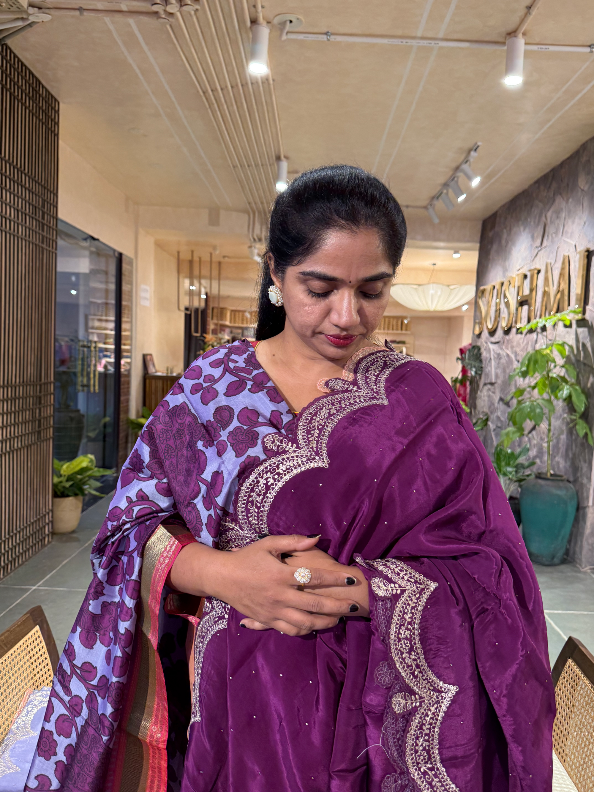 Wine Crepe Silk Saree With Pita Work Scallop Border