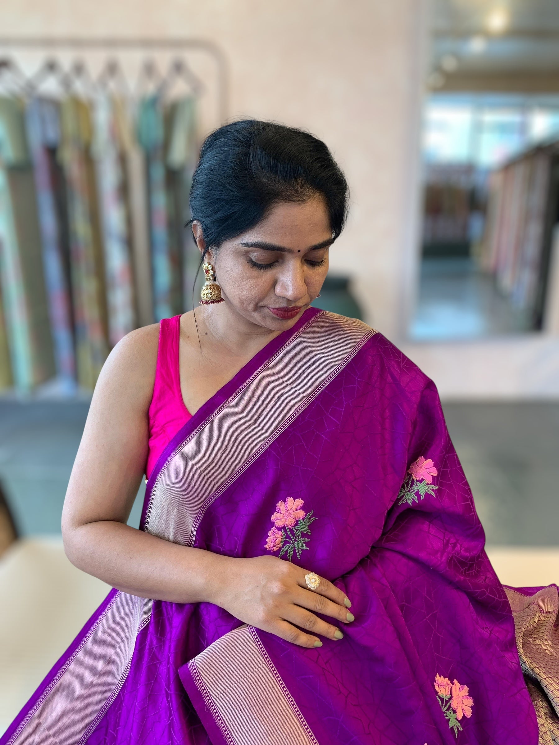 Purple Designer Banarasi Mashru Silk Saree with Petite Point Embroidered flo