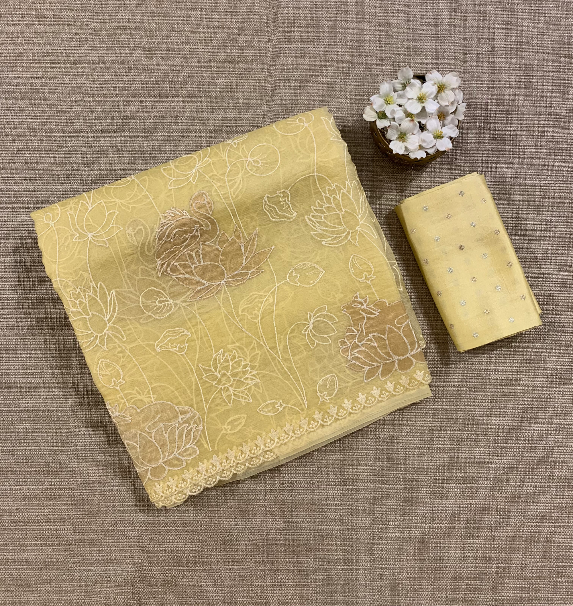 SOAA1607 : Pastel Yellow Organza Saree with Allover Pichwai Applique Embroidery