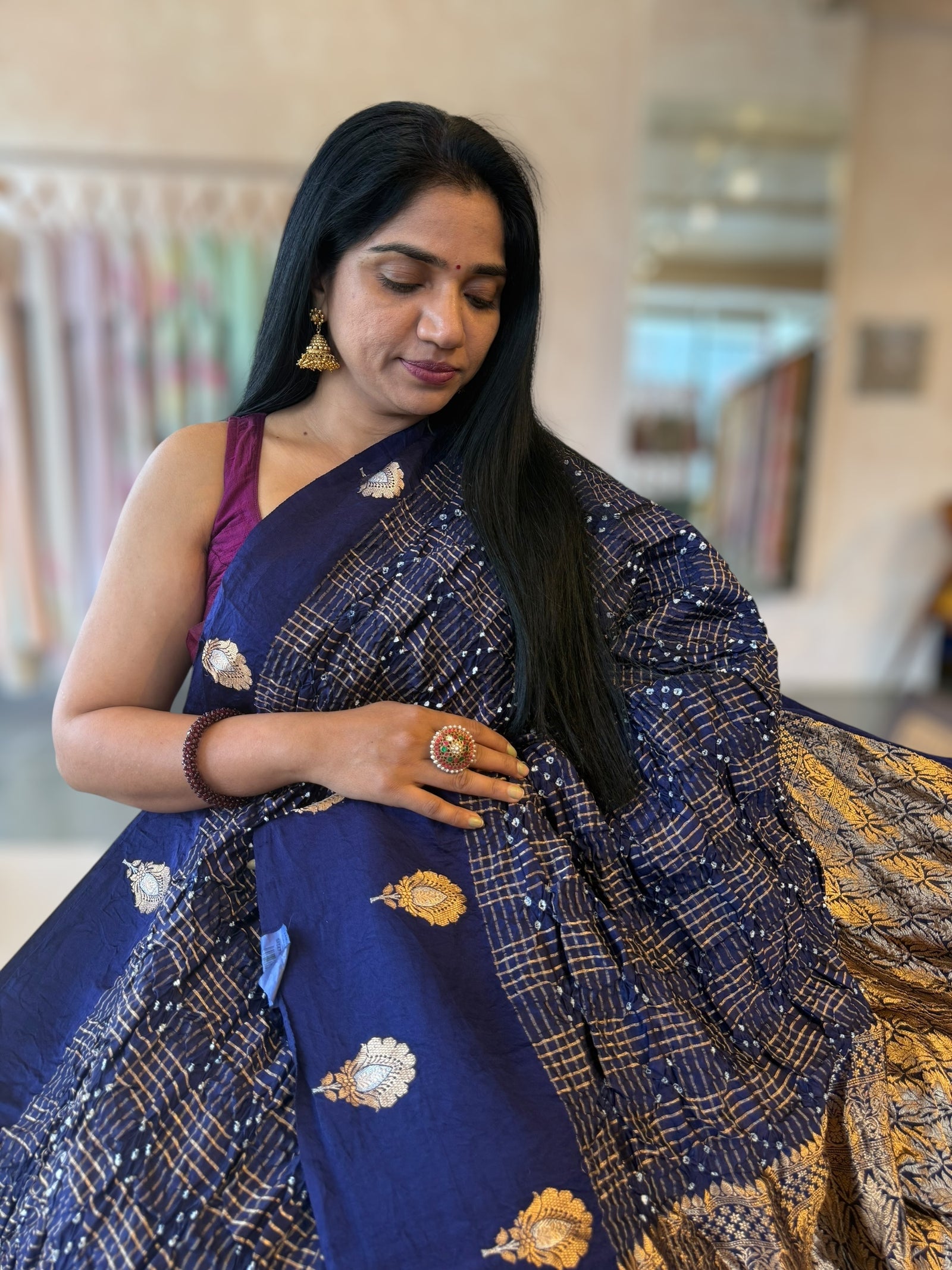 Midnight Blue Banarasi Bandhej Silk Saree With Kaduwa Woven Open Mashru Borders