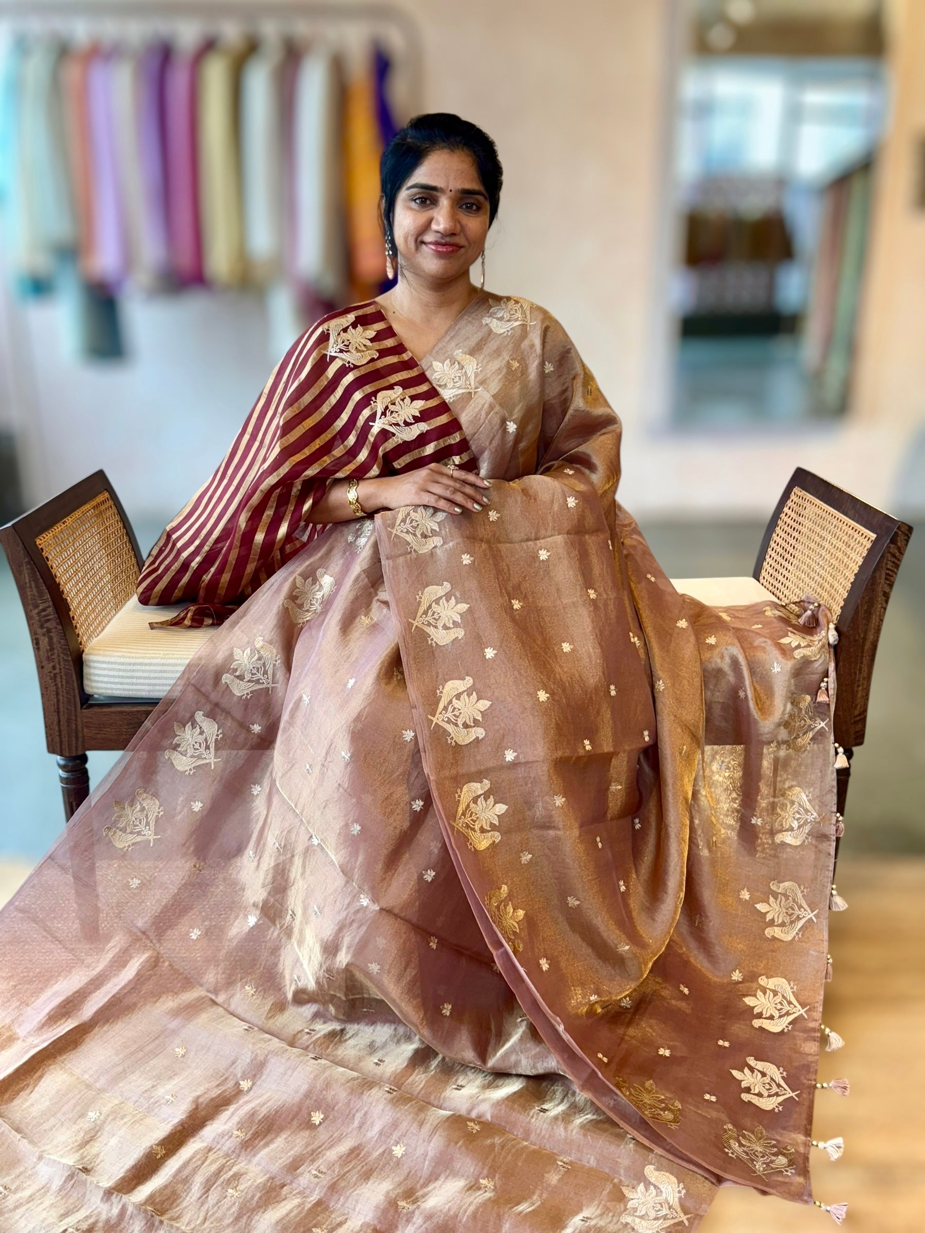 Honey Handloom Tissue Saree With Bird Embroidered Border & Stripes Tissue BP