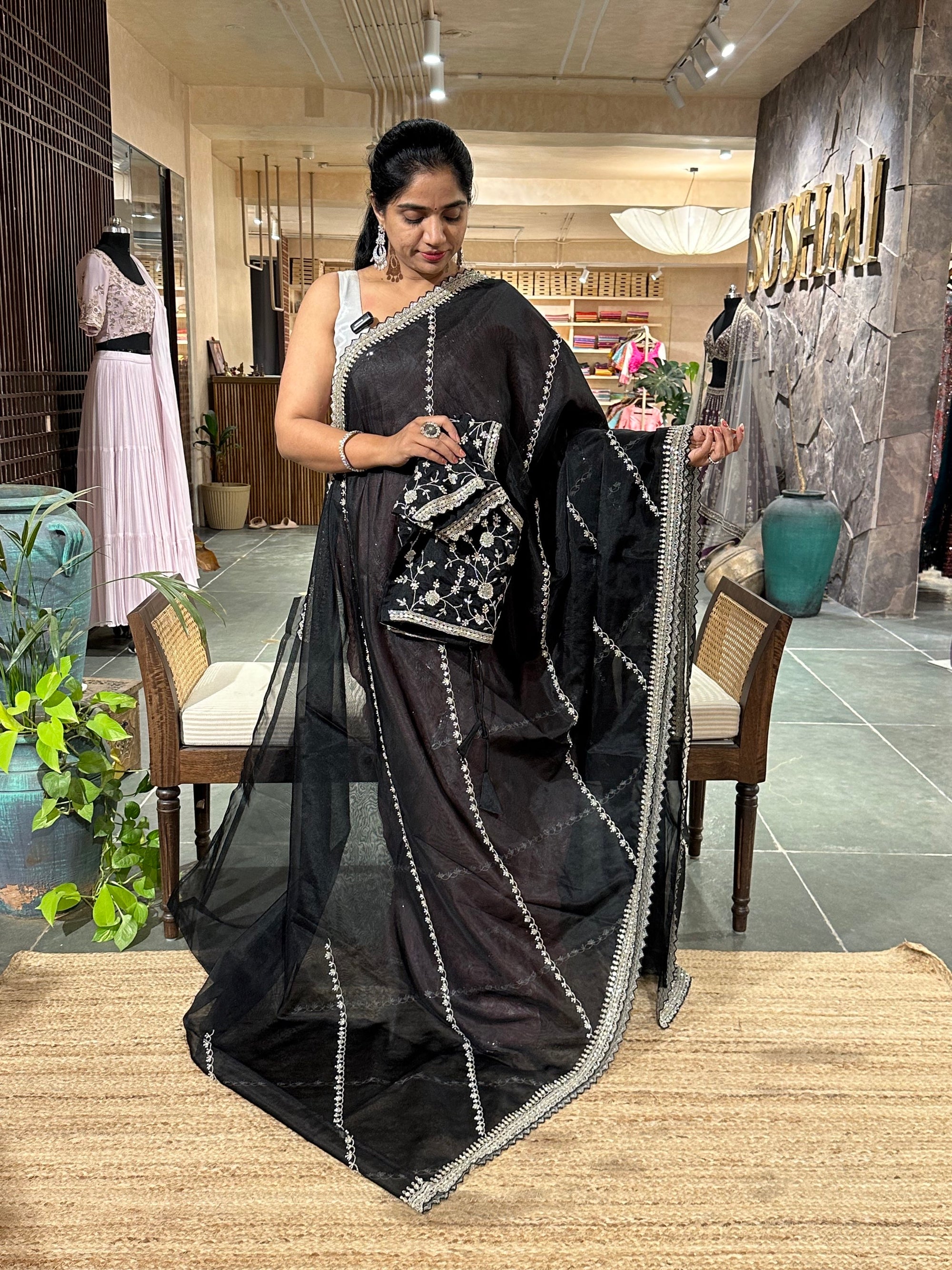 Black Organza heavy handwork Cocktail partywear Saree with heavy allover handwo