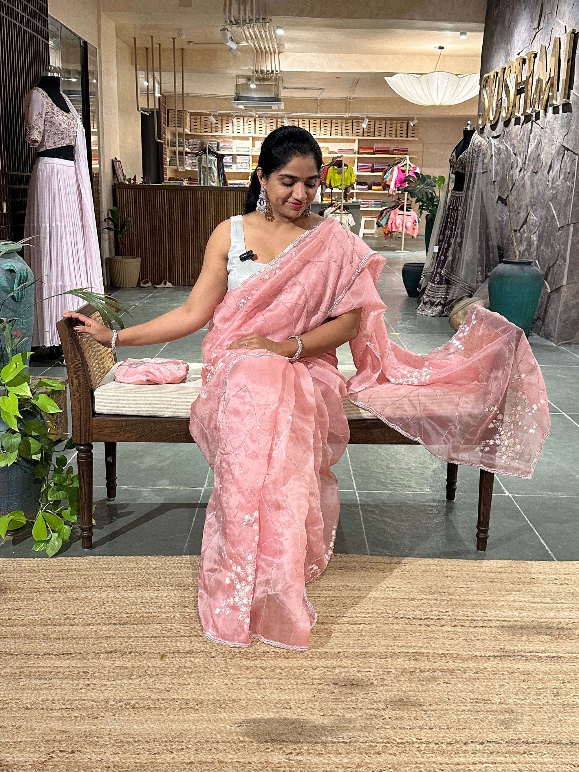 Blush Pink Organza heavy handwork saree