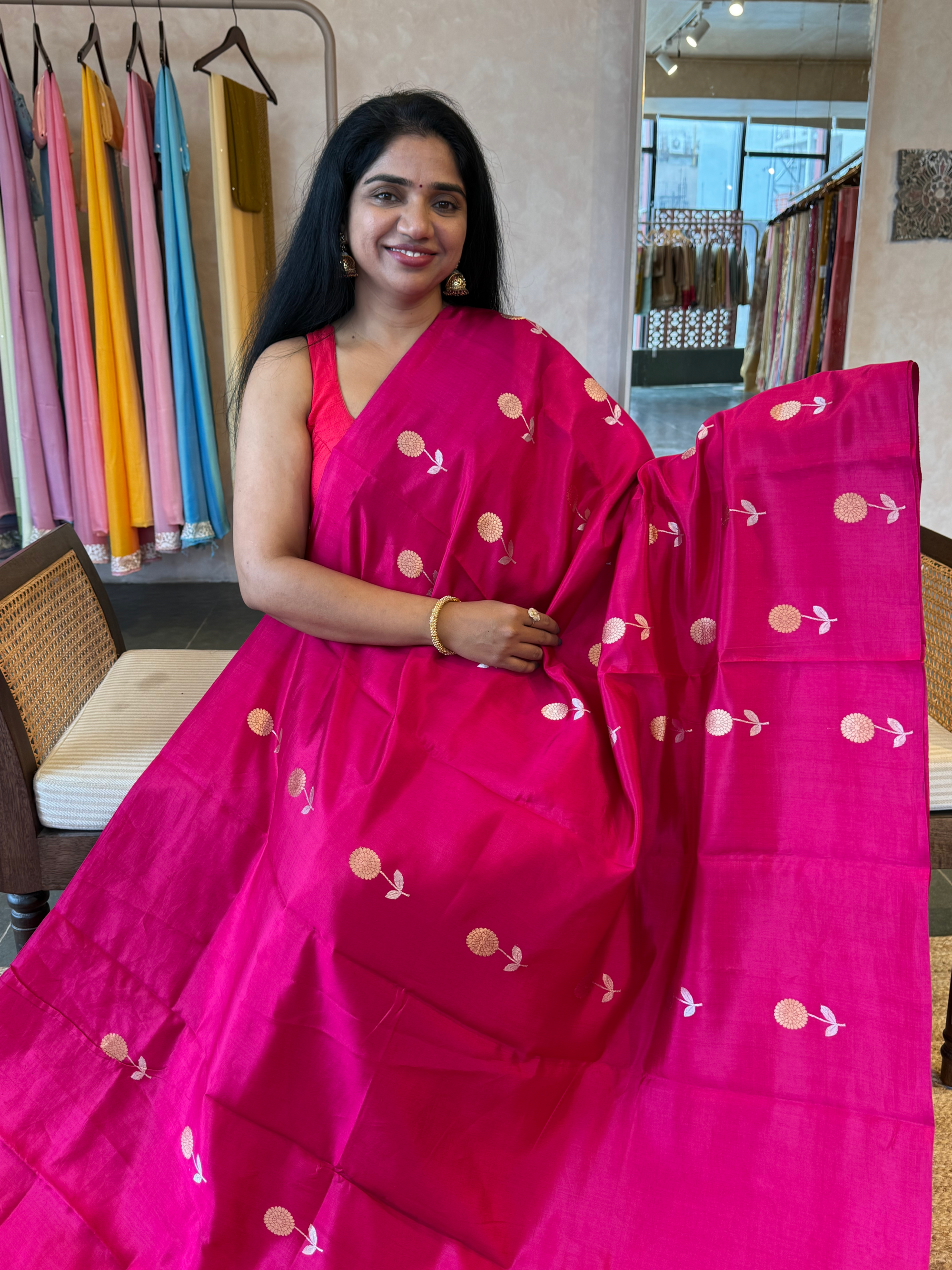 Rani Pink Banarasi Raw Mango Silk Saree with Open Borders & Kaduwa Woven Motifs