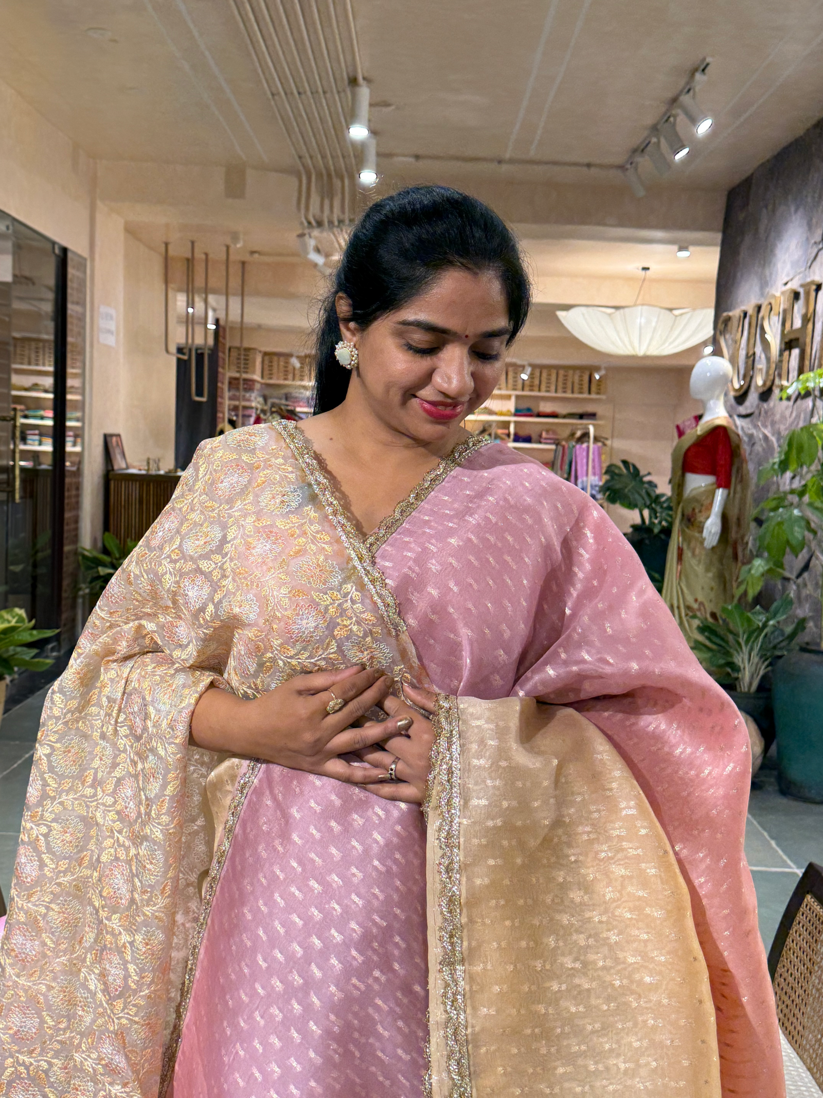 Ombre Dyed Pure Organza Saree with allover zari butis and  Embroidered Blouse