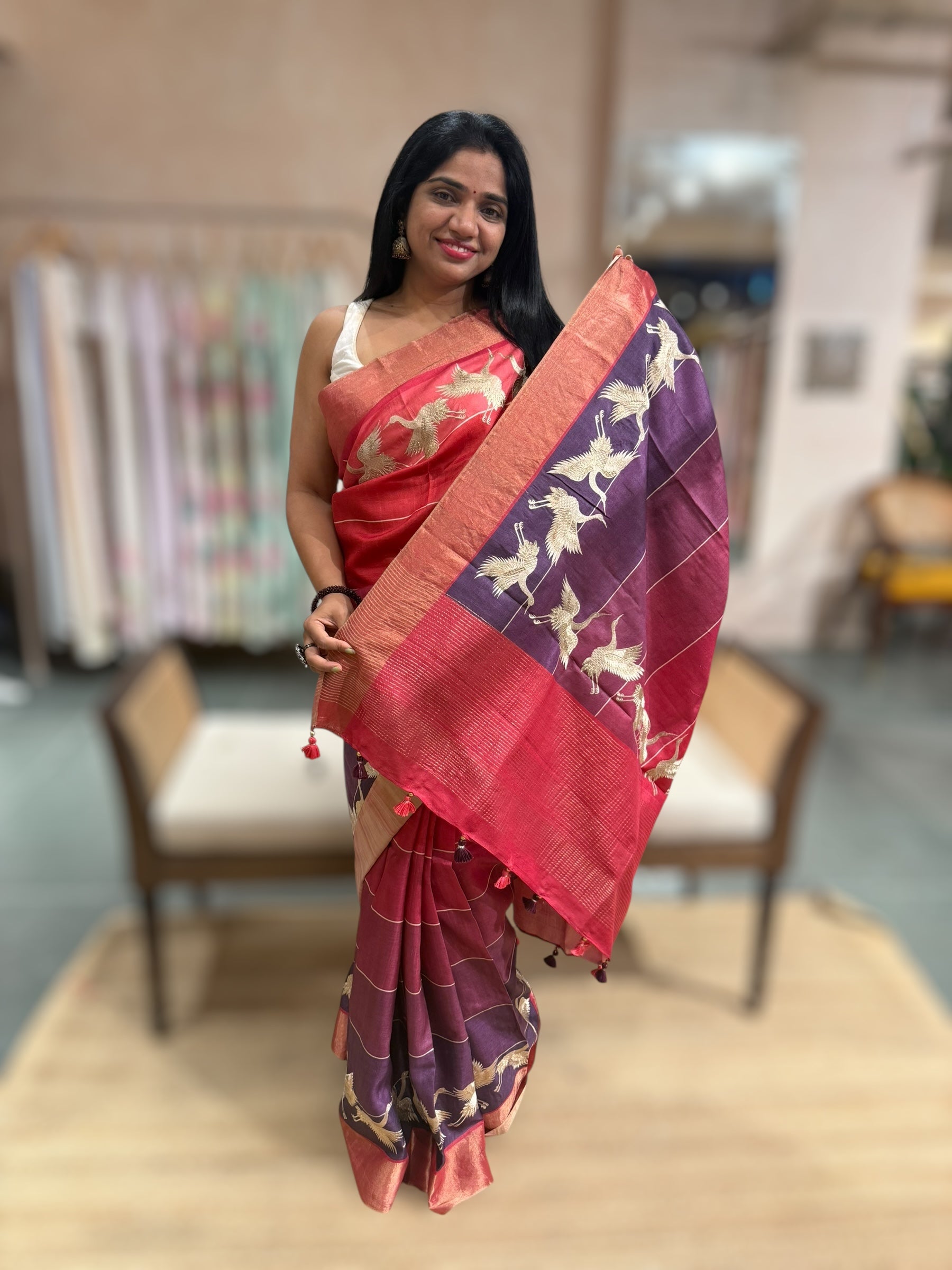Tussar Rangkaat Saree With Crane Bird  Embroidered Border