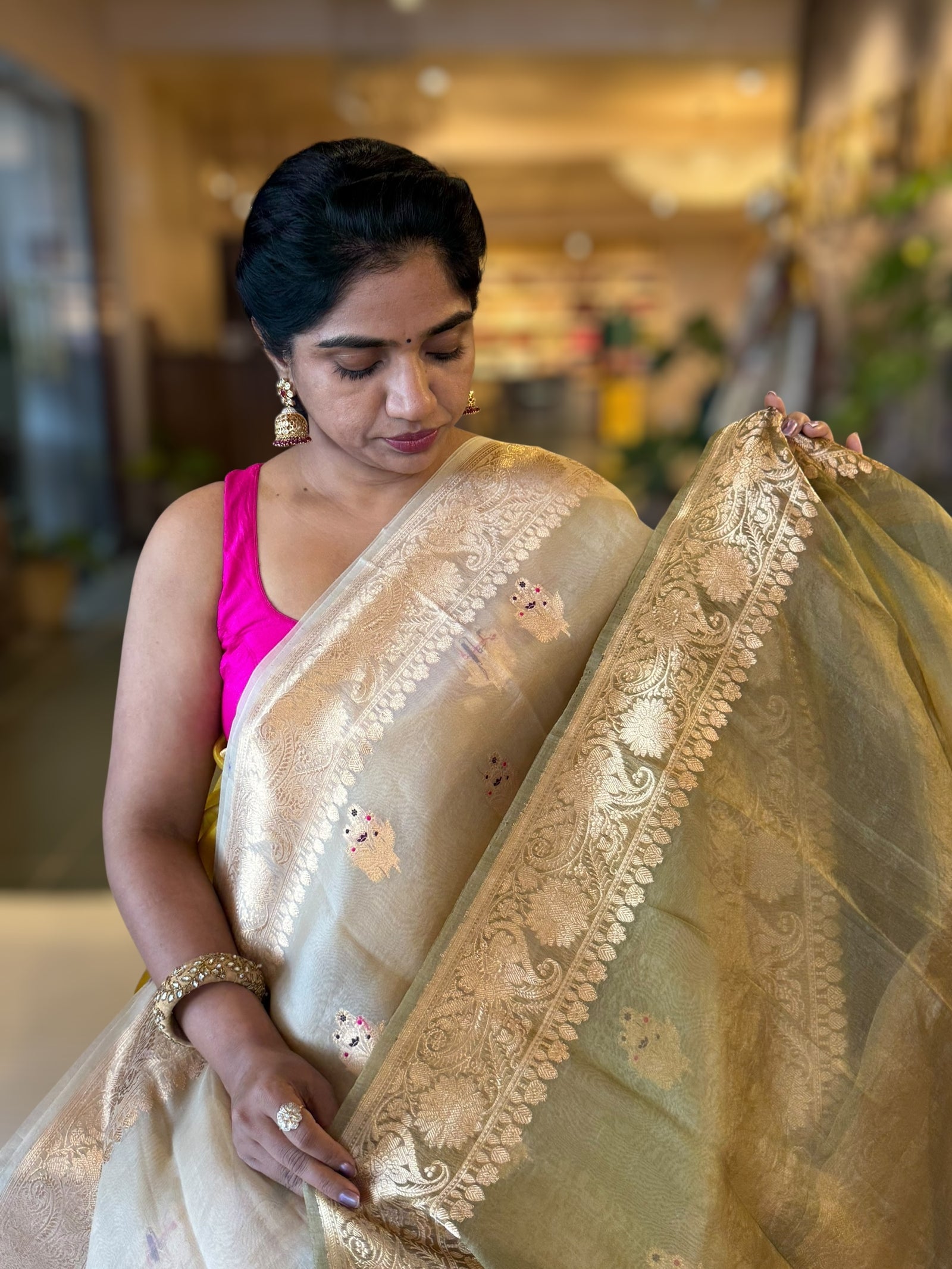 Olive Shaded Premium Kora Banarasi Saree with Allover Meenakari Kaduwa Motifs