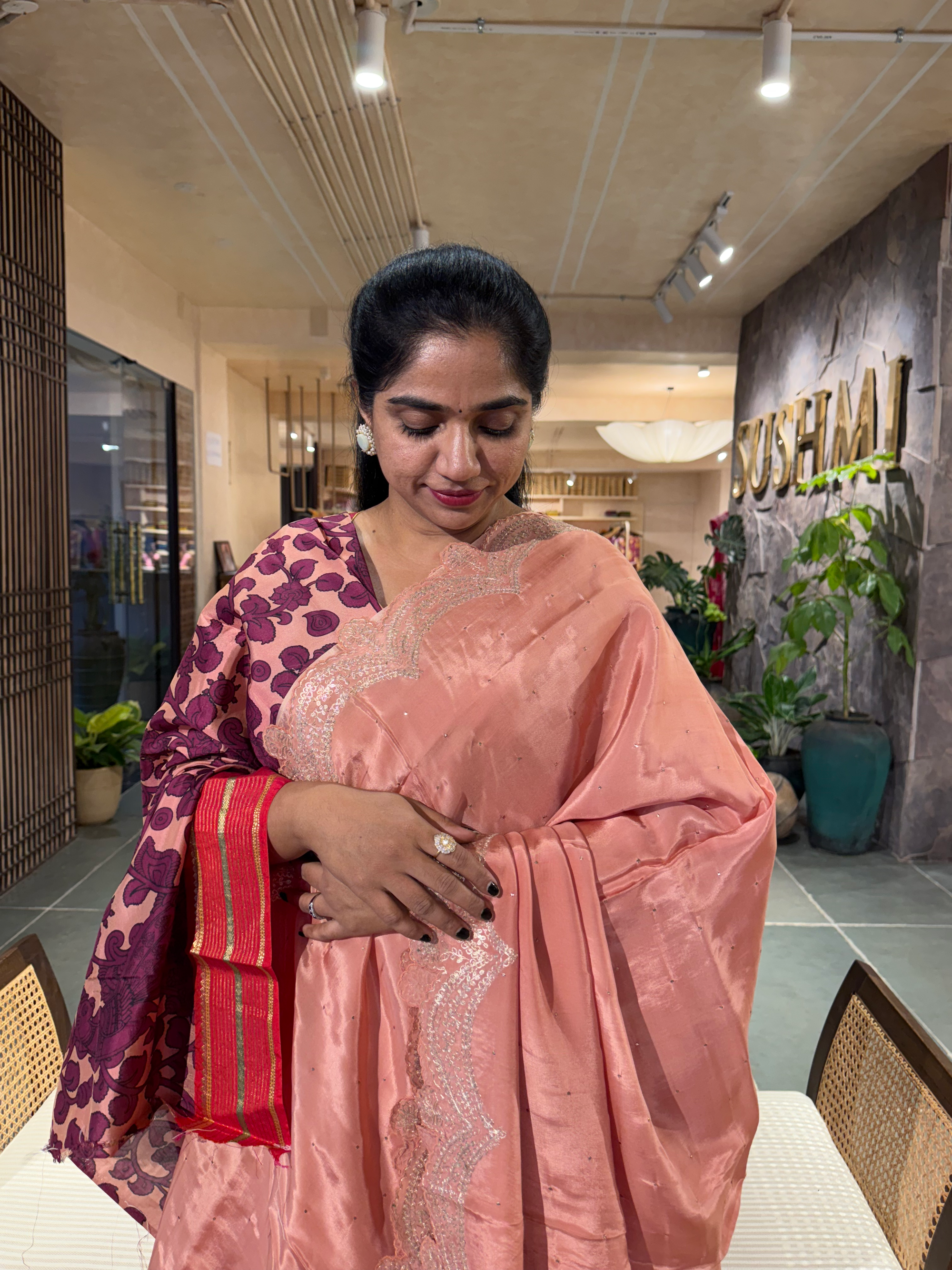 Peach Pink Crepe Silk Saree With Pita Work Scallop Border