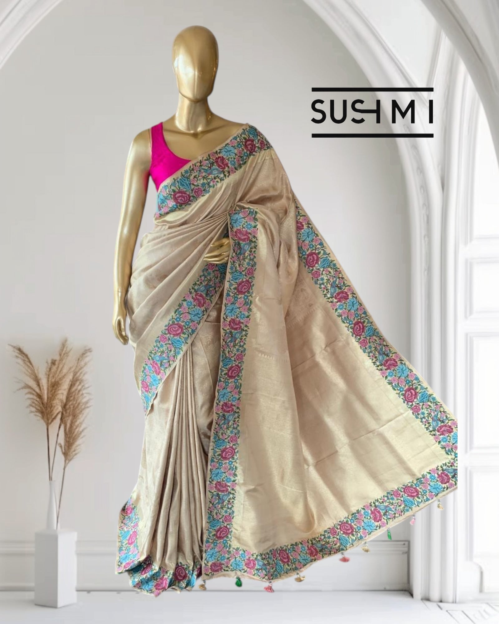 Wheat Tone  Pure  Kanchi Brocade Saree with Petite Point Embroidery