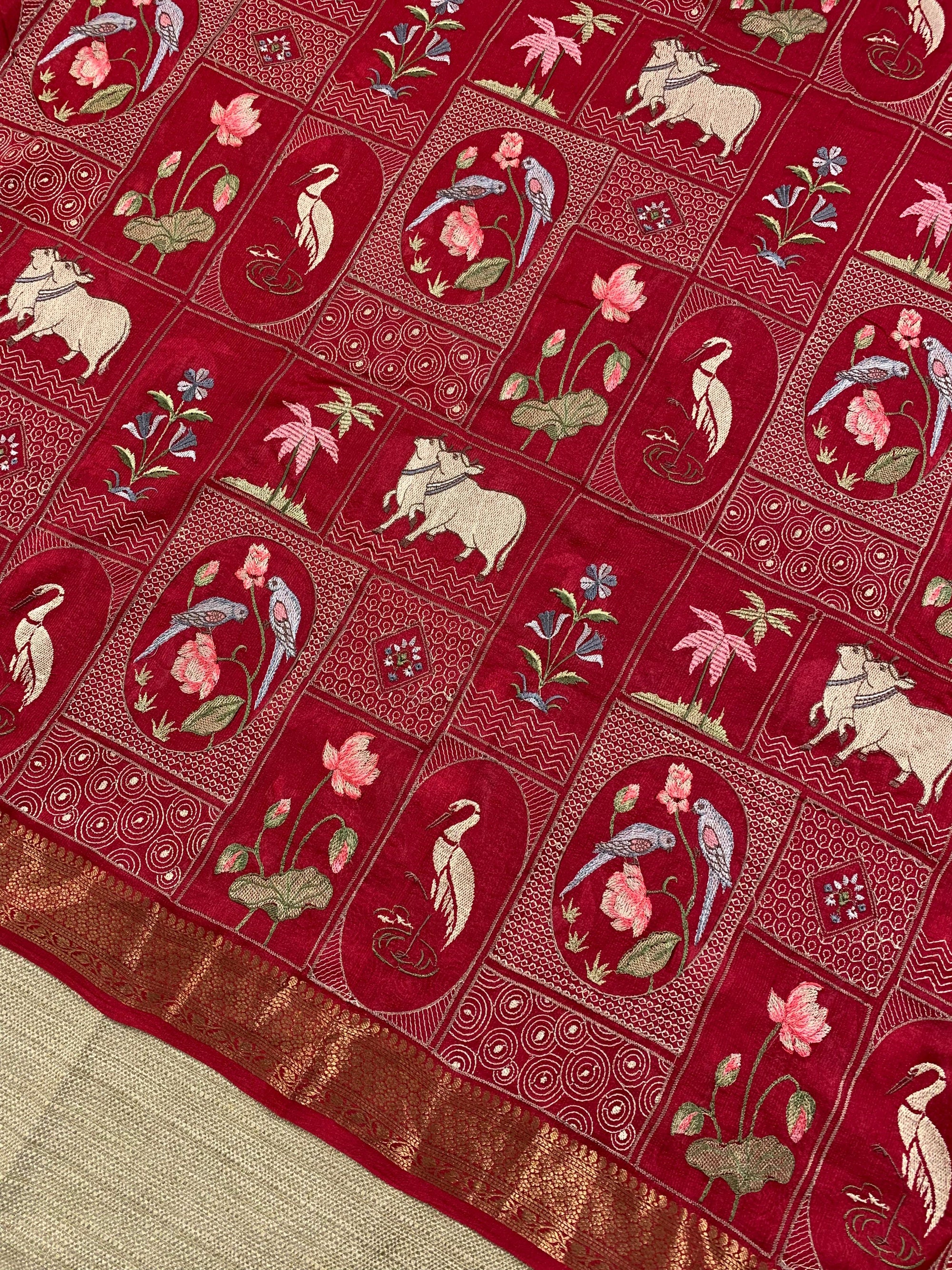SMSEA108  Ruby Pink Pure Handloom Munga Silk Saree with Pichwai Embroidery