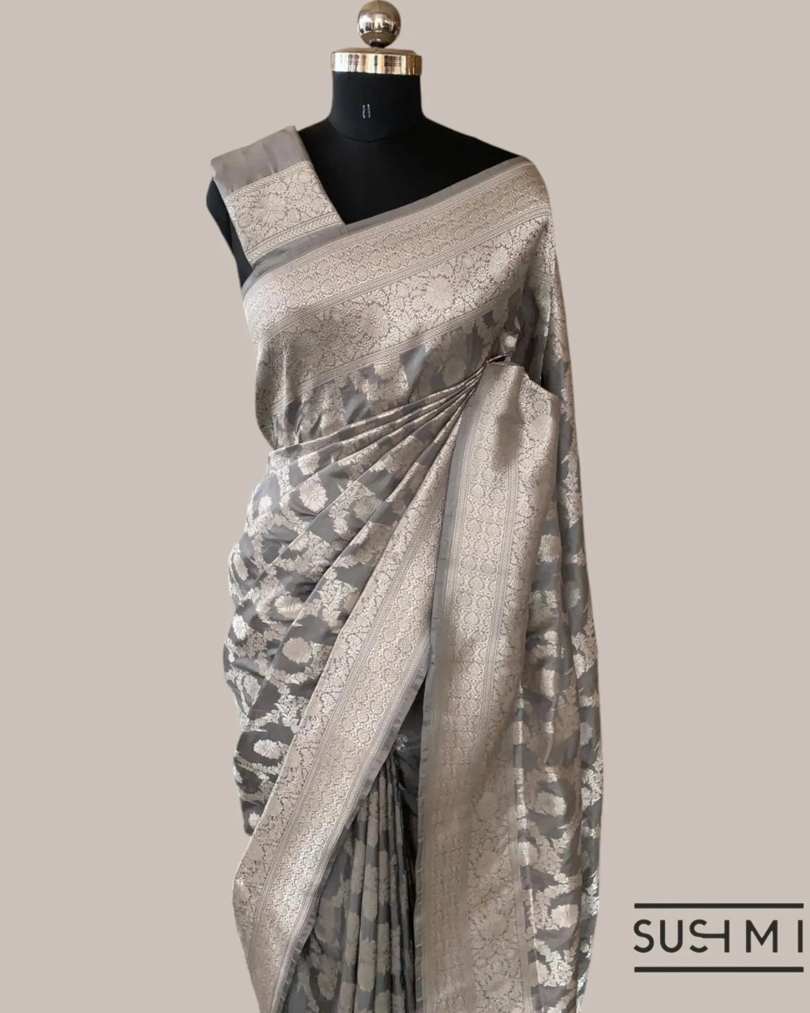 Silverish Grey Banarasi Katan Silk Saree with Allover Floral Jaal Weaving Blouse