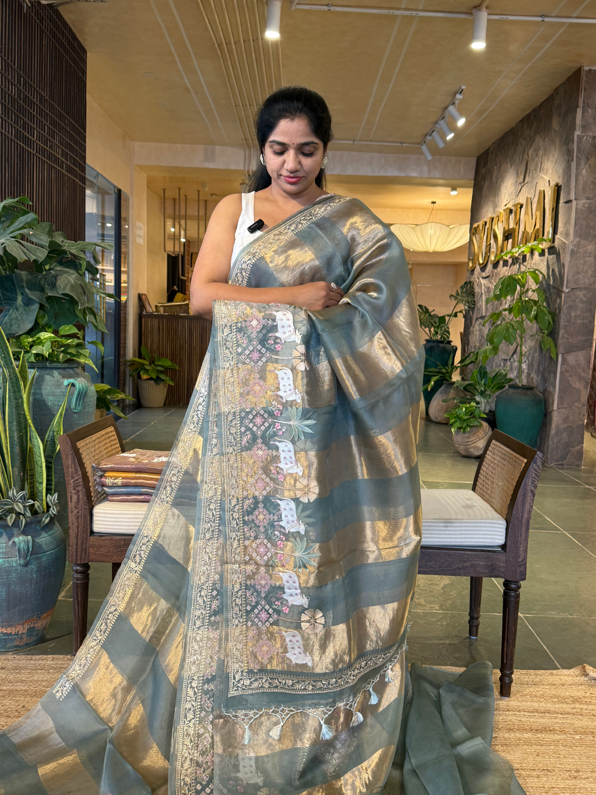 Greyish Blue Kora Tissue Stripes with Pichwai & Jamdani Inspired Embroidery