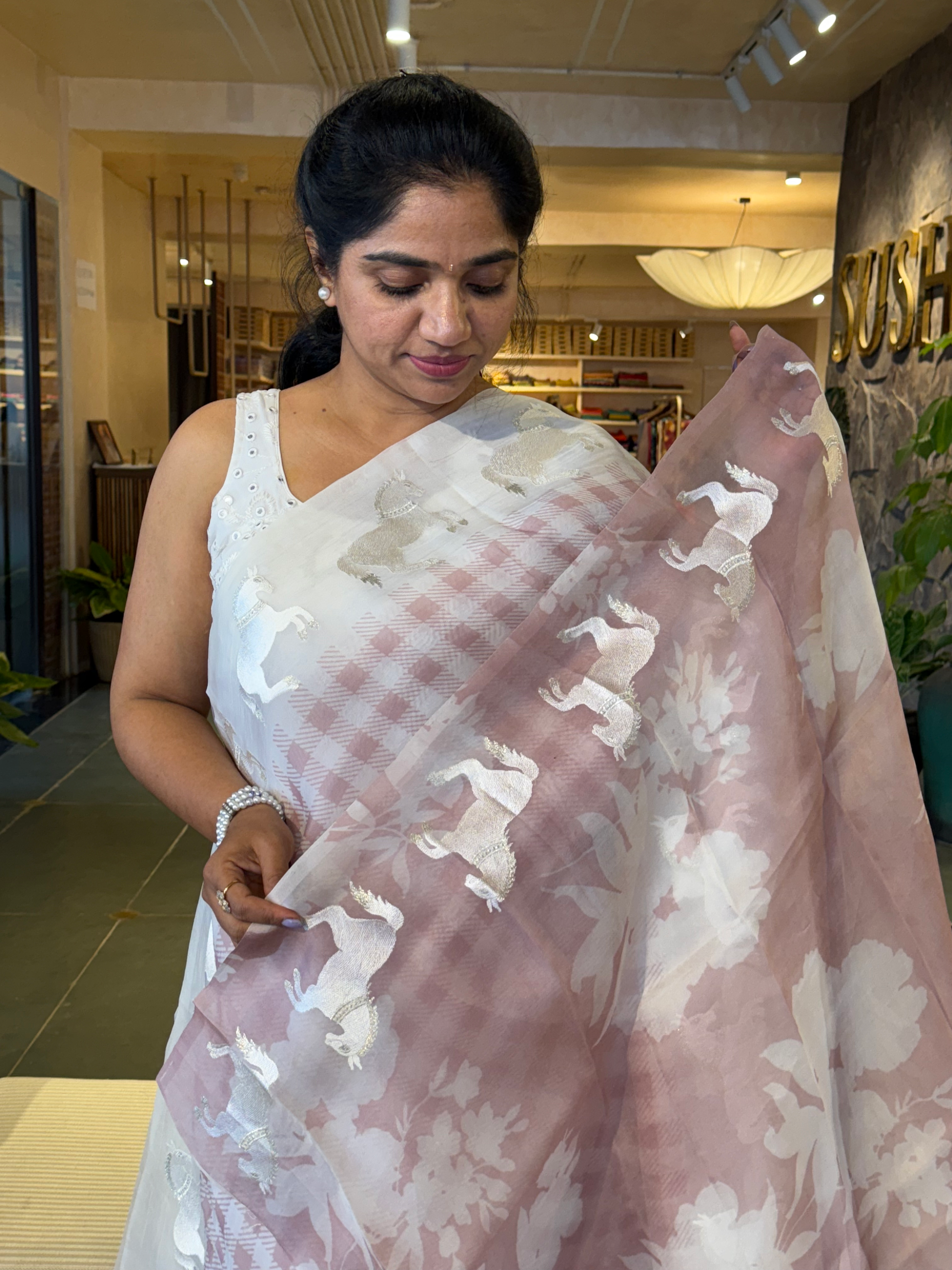 SOCH1303 : White & Dusty Pink Organza Saree With Horse Border & Floral BP