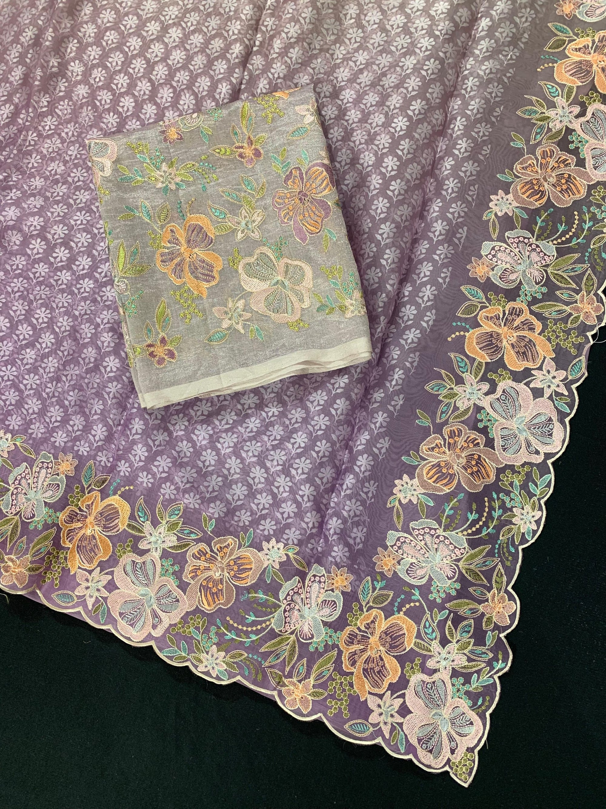 Lilac Pure Organza Brasso Saree with Stunning Embroidered Border and Blouse