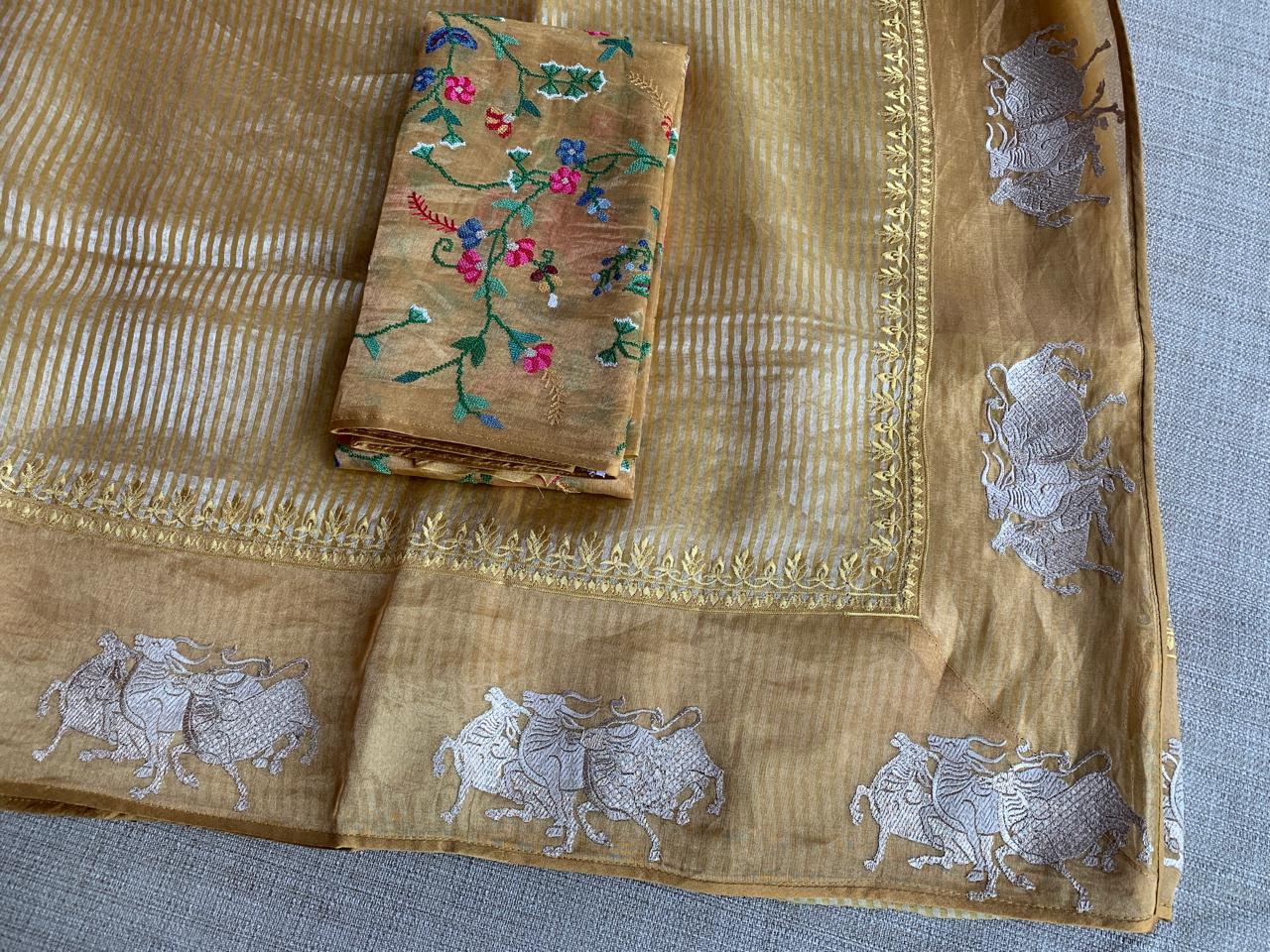 Mustard Tissue Stripes Saree with Nandi Border & Tissue Petite Point Blouse