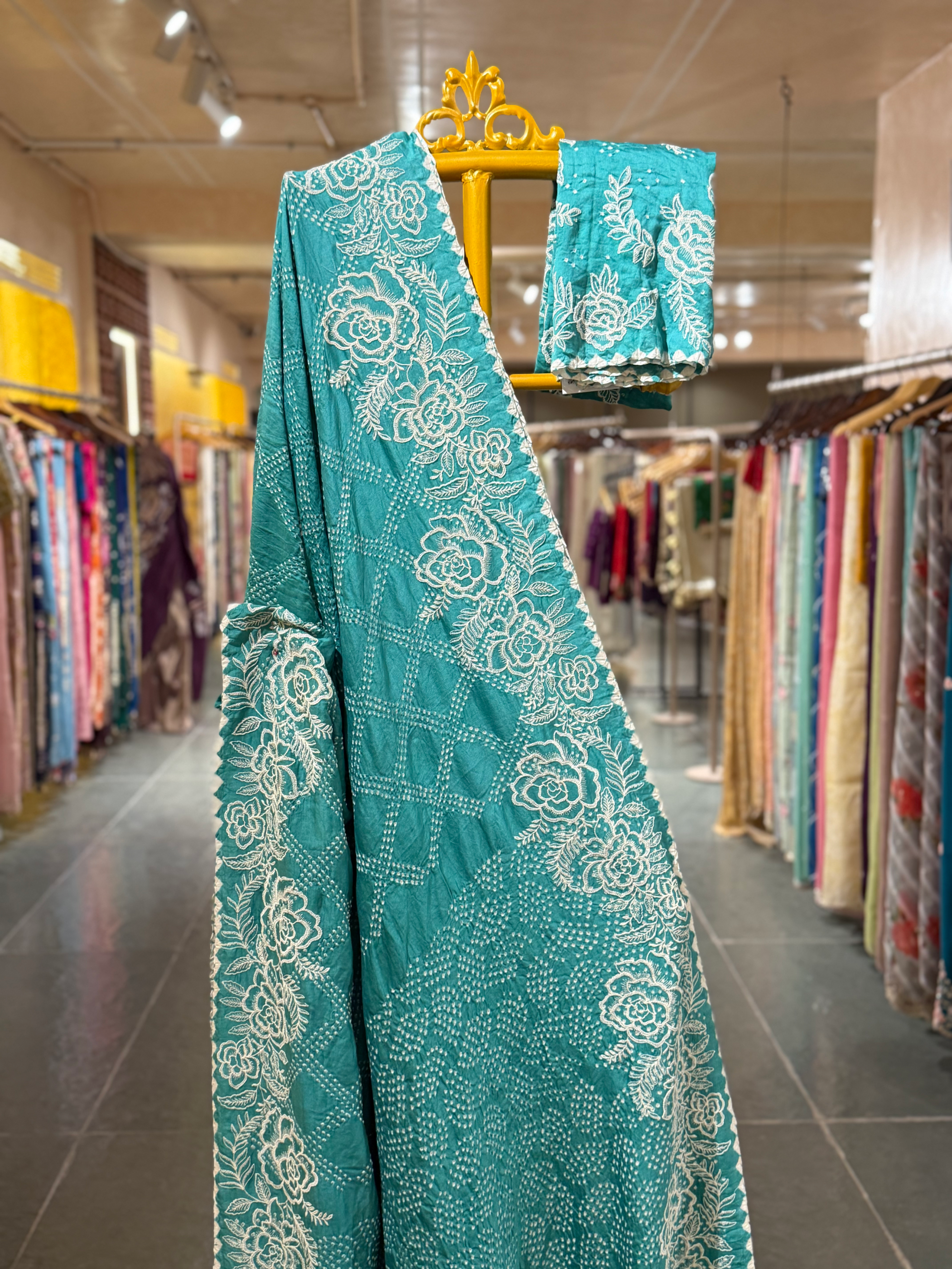 Teal Pure Gajji Silk Rai Bandhej Saree wth Stunning Outline Embroidery