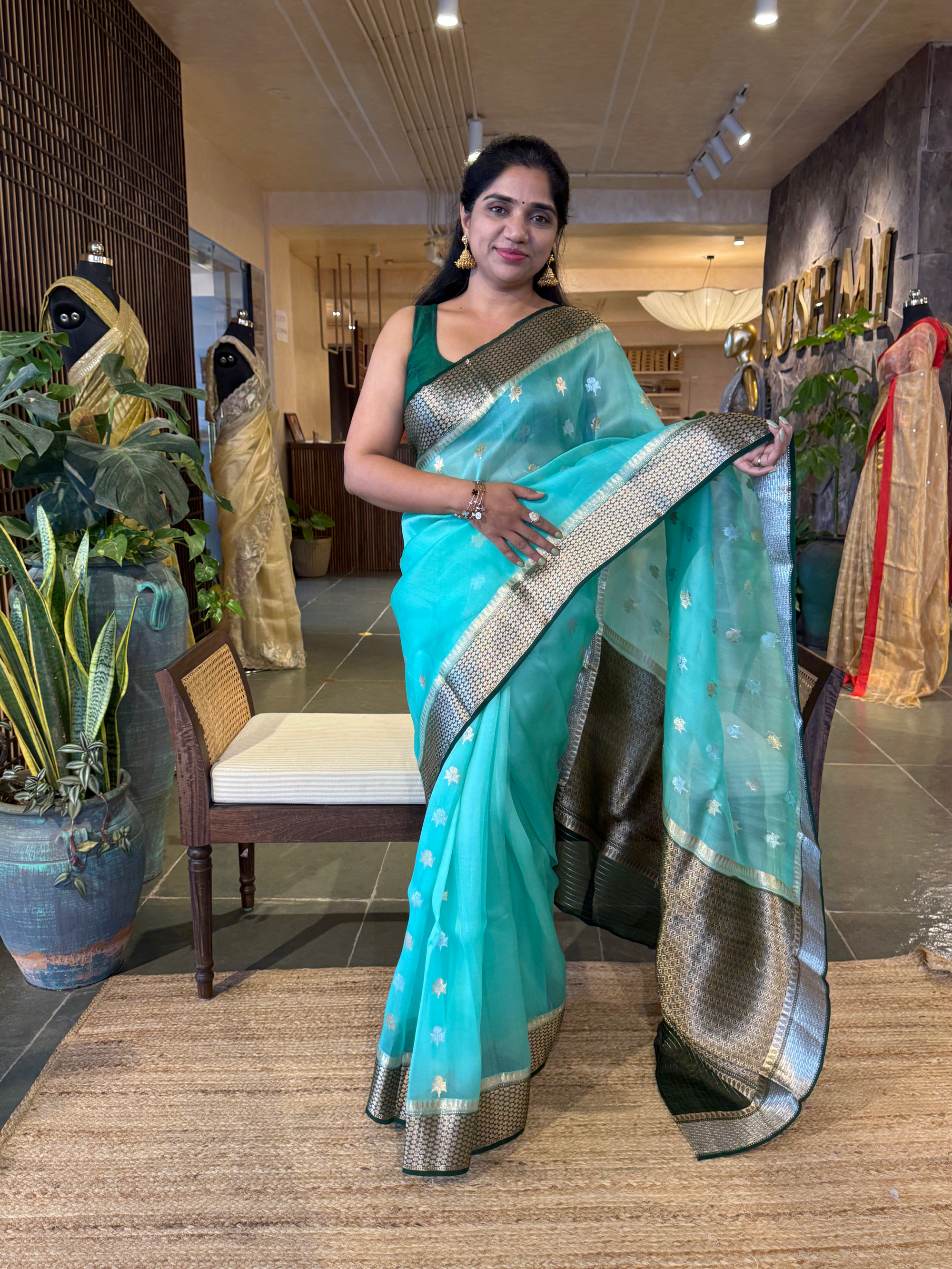 Teal and Bottle Green Combo Kora Banarasi  Saree with kaduwa Weaving
