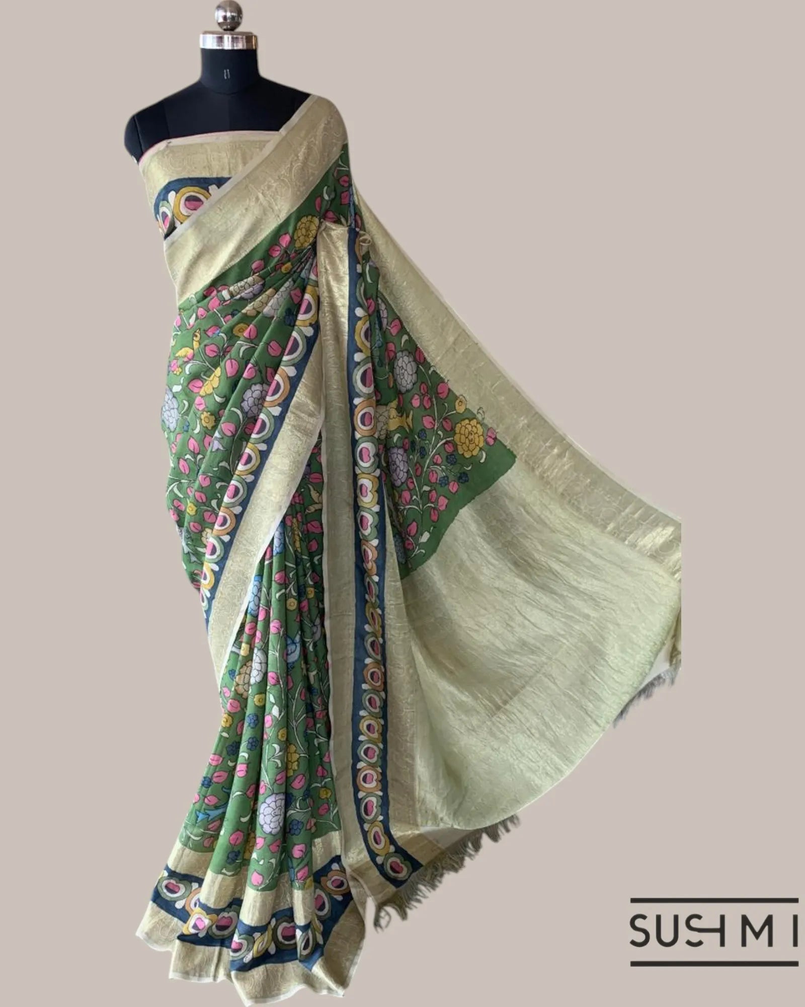Green Kanchi Pen kalamkari handpainted saree with heavy borders
