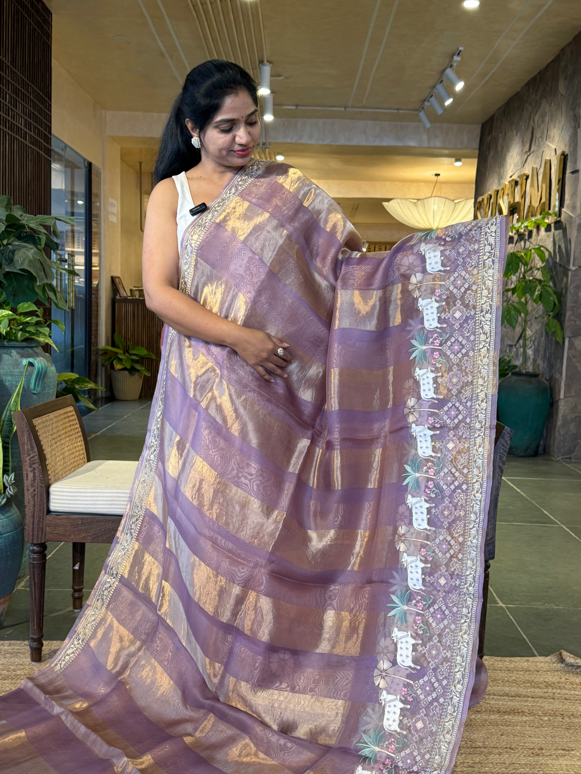 Dusty Lavender Kora Tissue Stripes with Pichwai & Jamdani Inspired Embroidery
