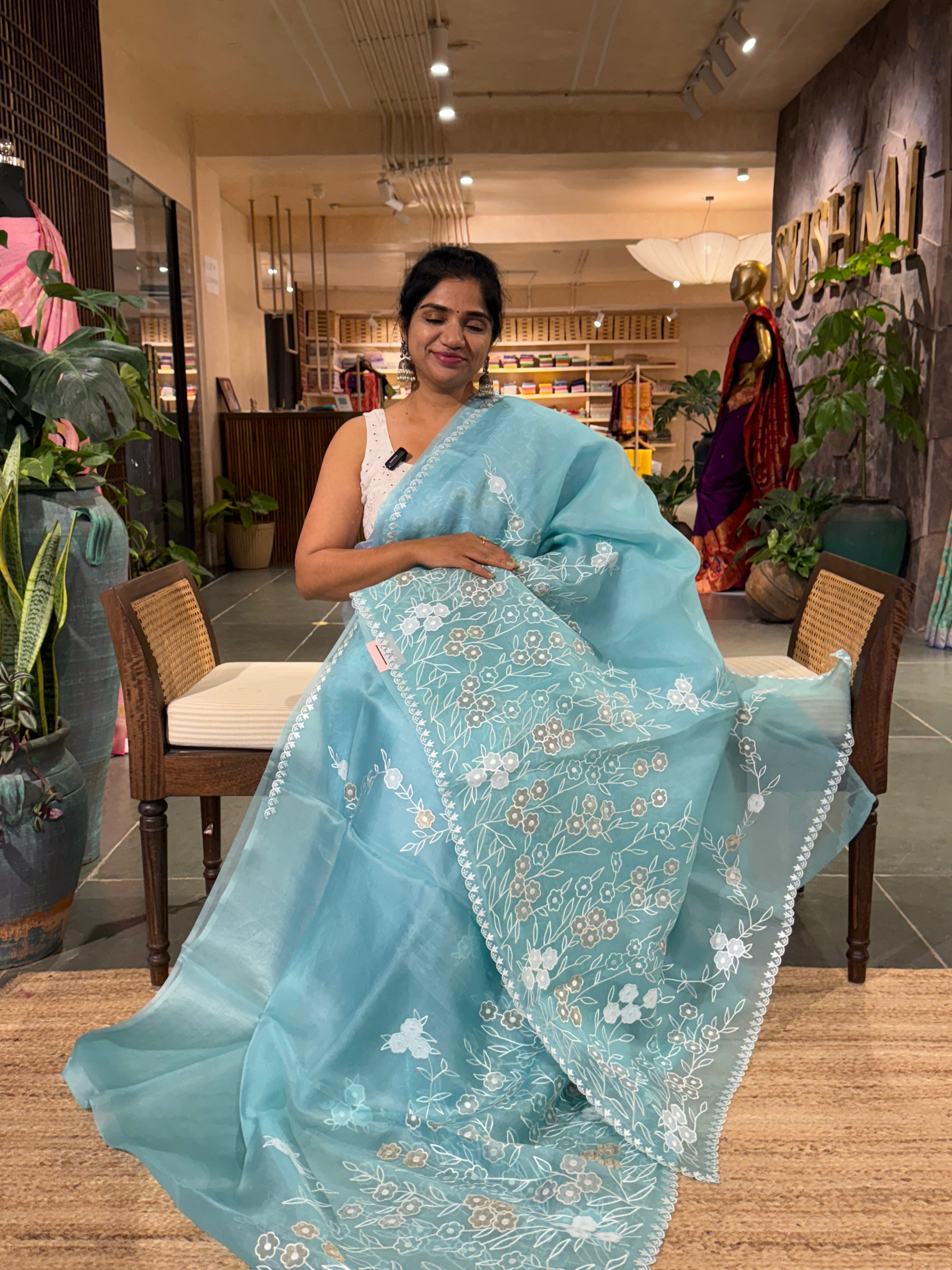 Baby Blue Organza Applique work Saree