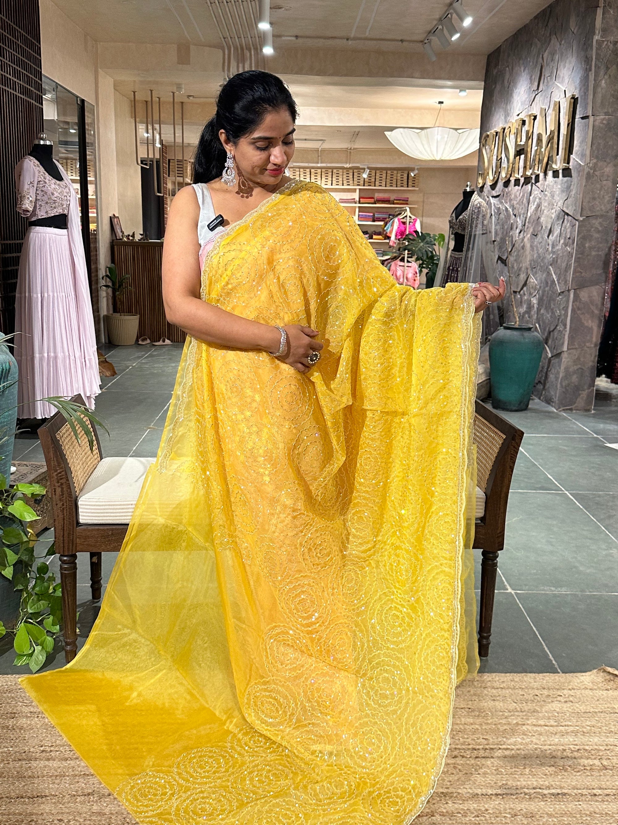 Yellow Organza Cocktail Saree with allover handwork