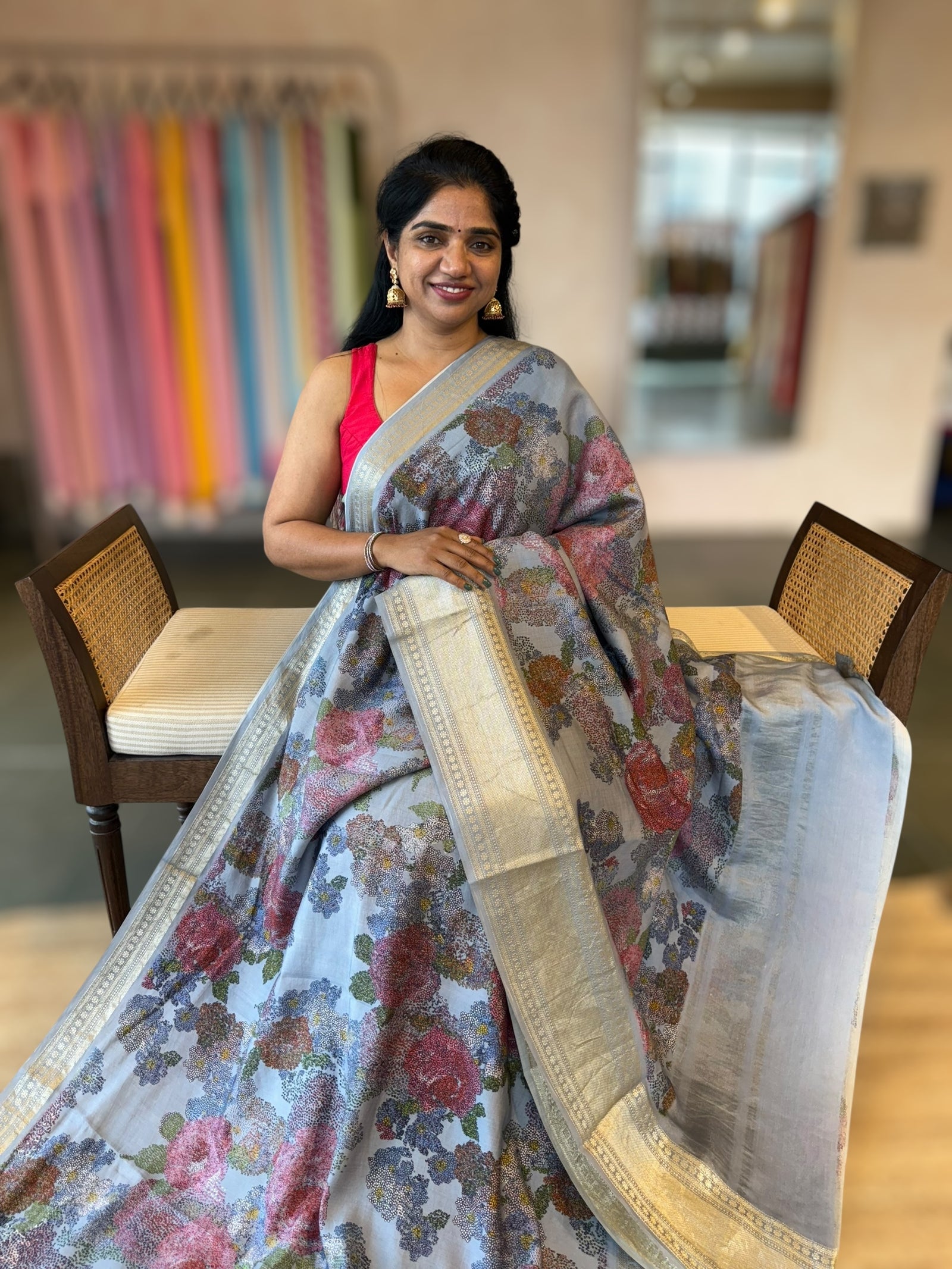 Corn Flower Blue Chiniya Silk Saree With Petite Point  Emb Style Print