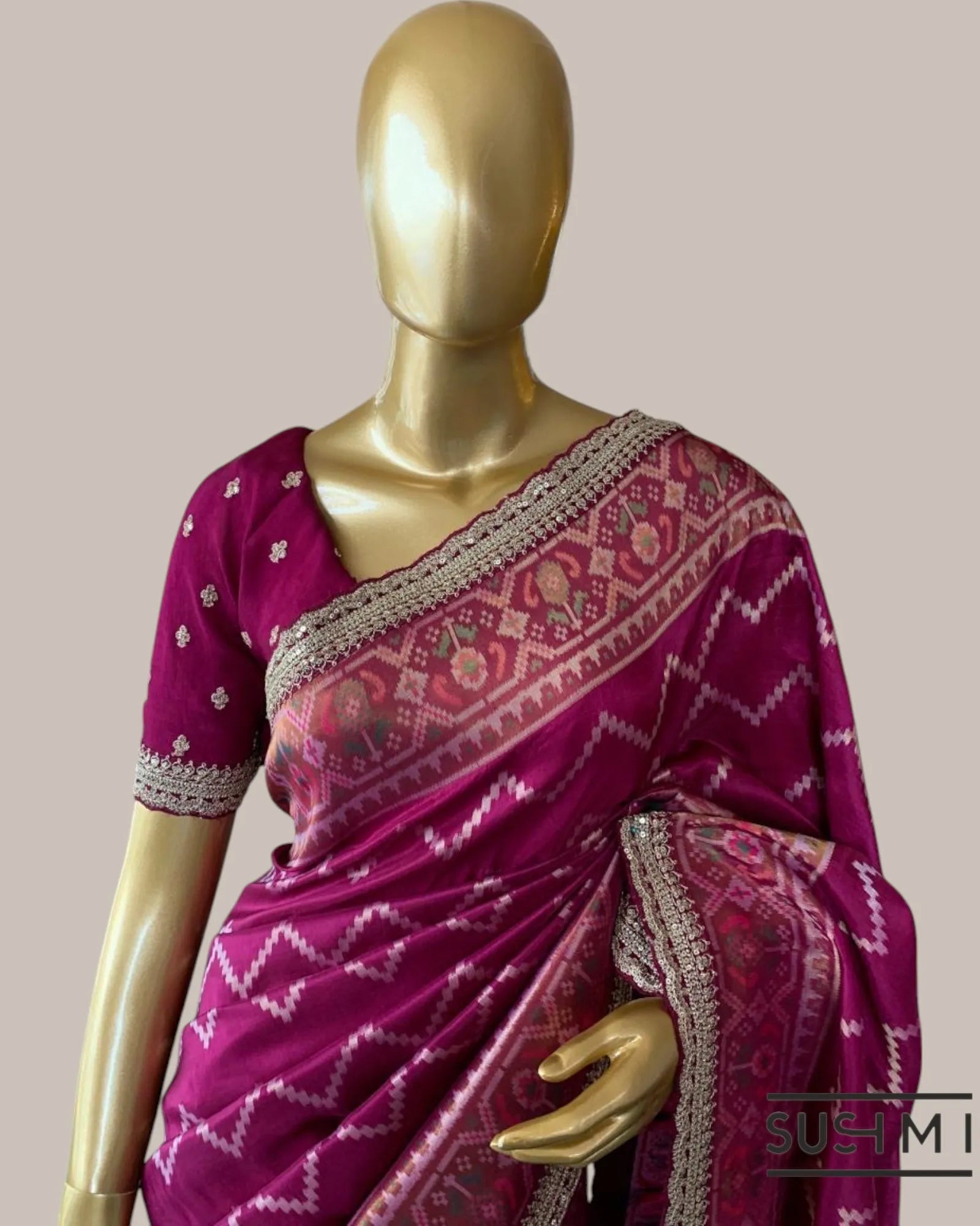 Majenta Tussar Silk Gorgette Saree in Ikkath Patola style Chevron body and Patol