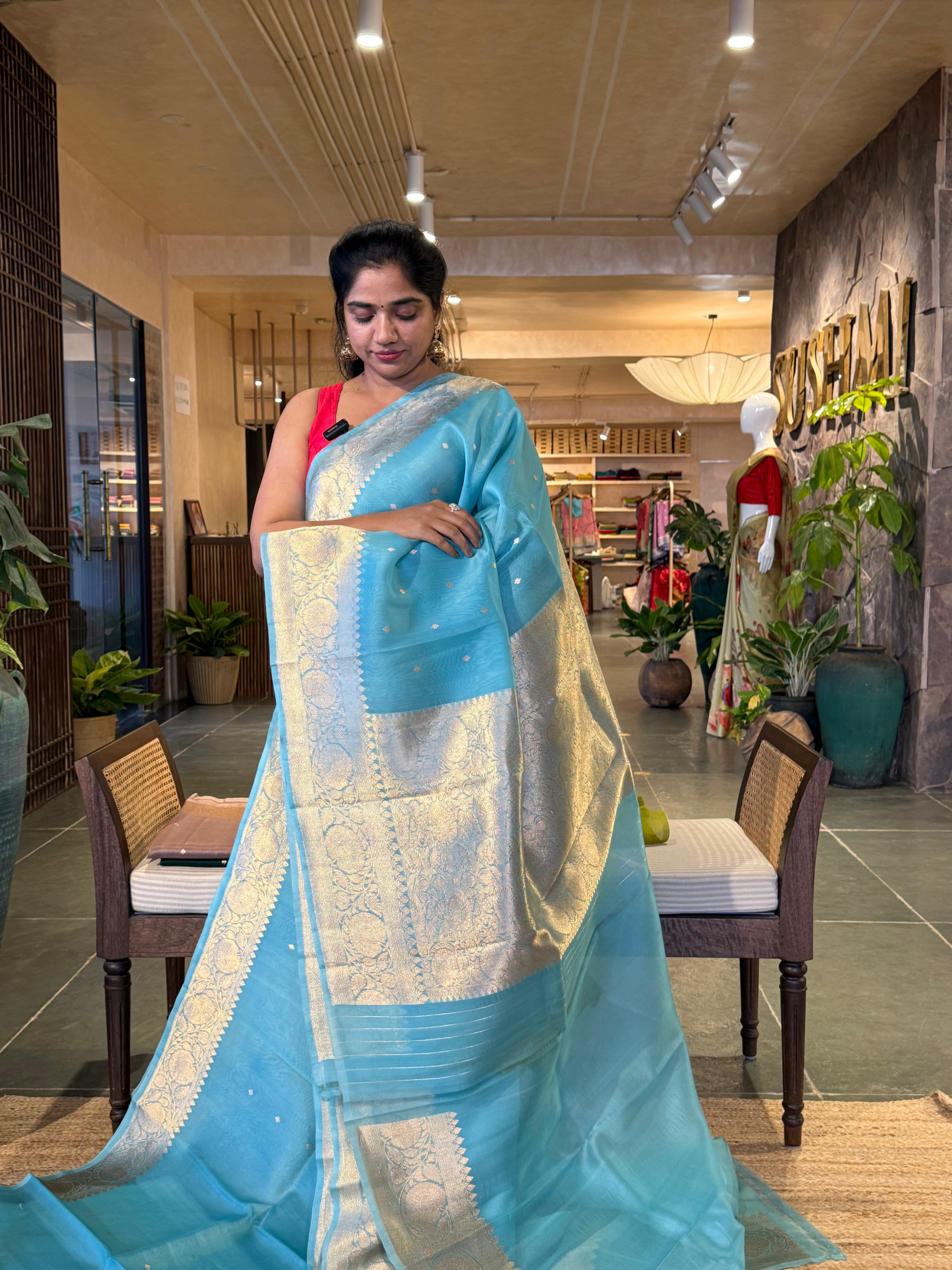 SKBSM227 : Seablue Premium Handloom Kora Banarasi Silk Saree with kaduwa weaving