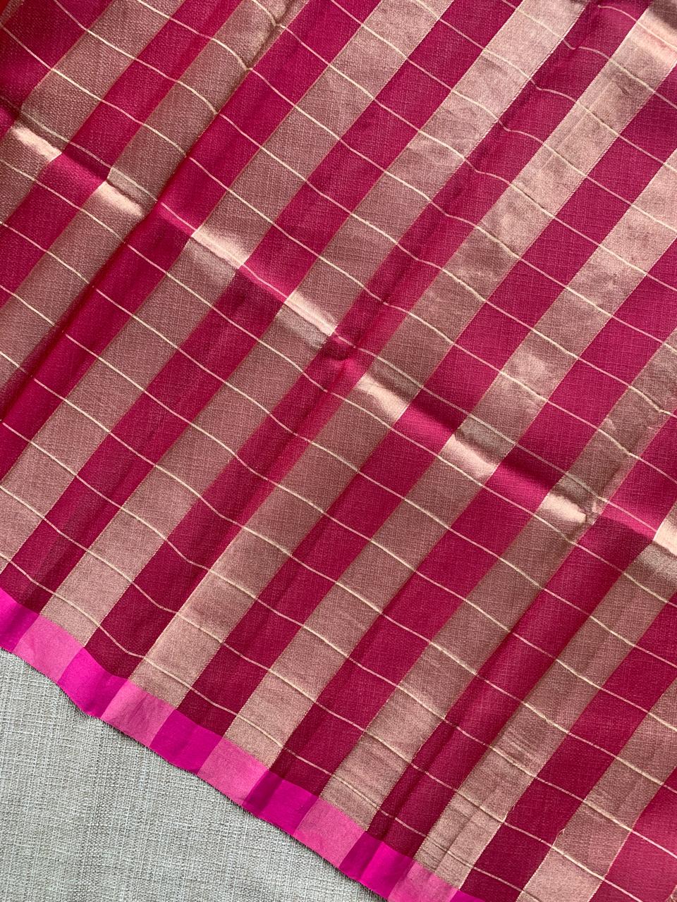 Pink Pure Handloom Banarasi Kora Tissue Checks Saree