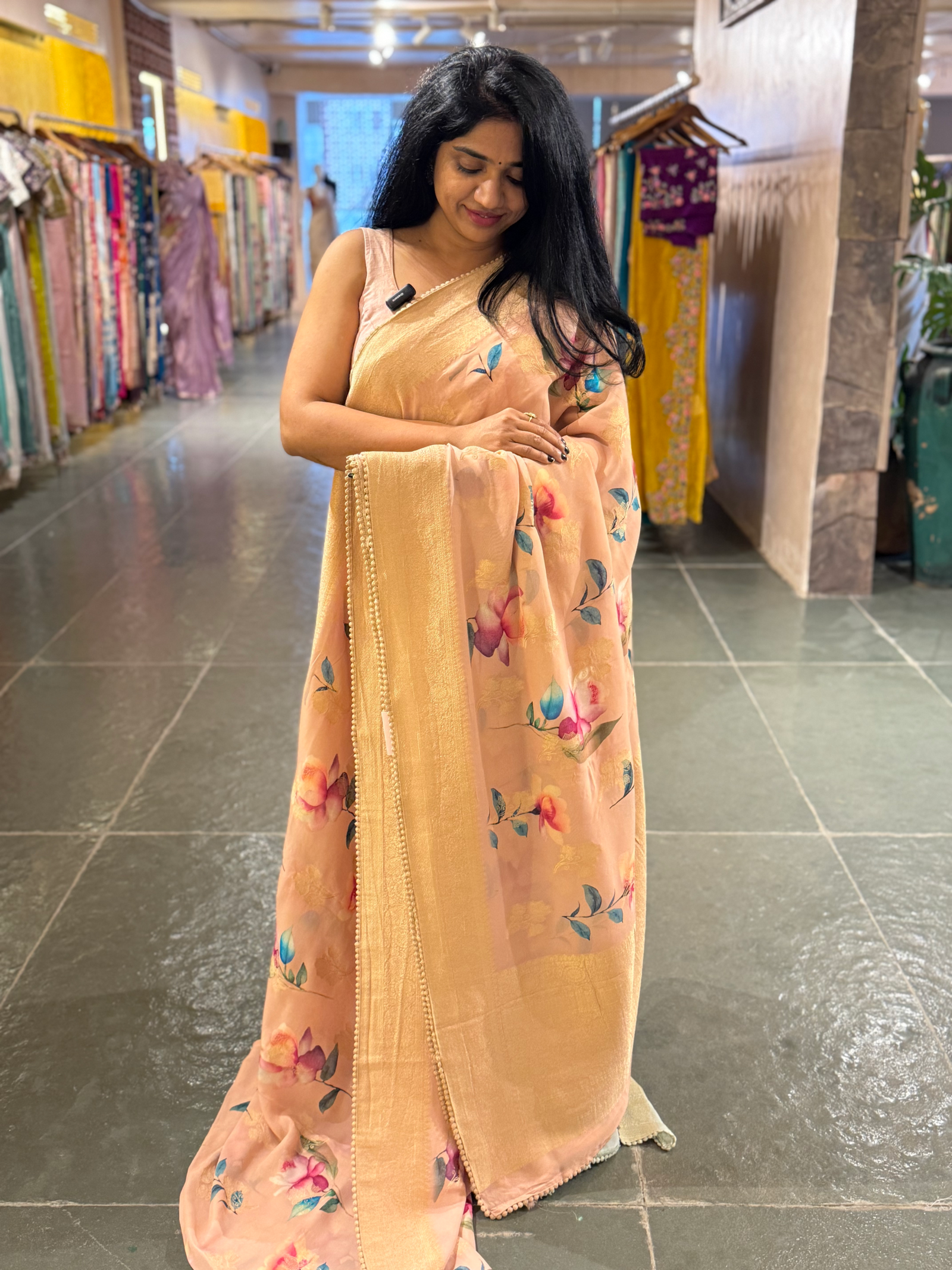 Peach Banarasi Khaddi Gorgette Sarees with Floral Print