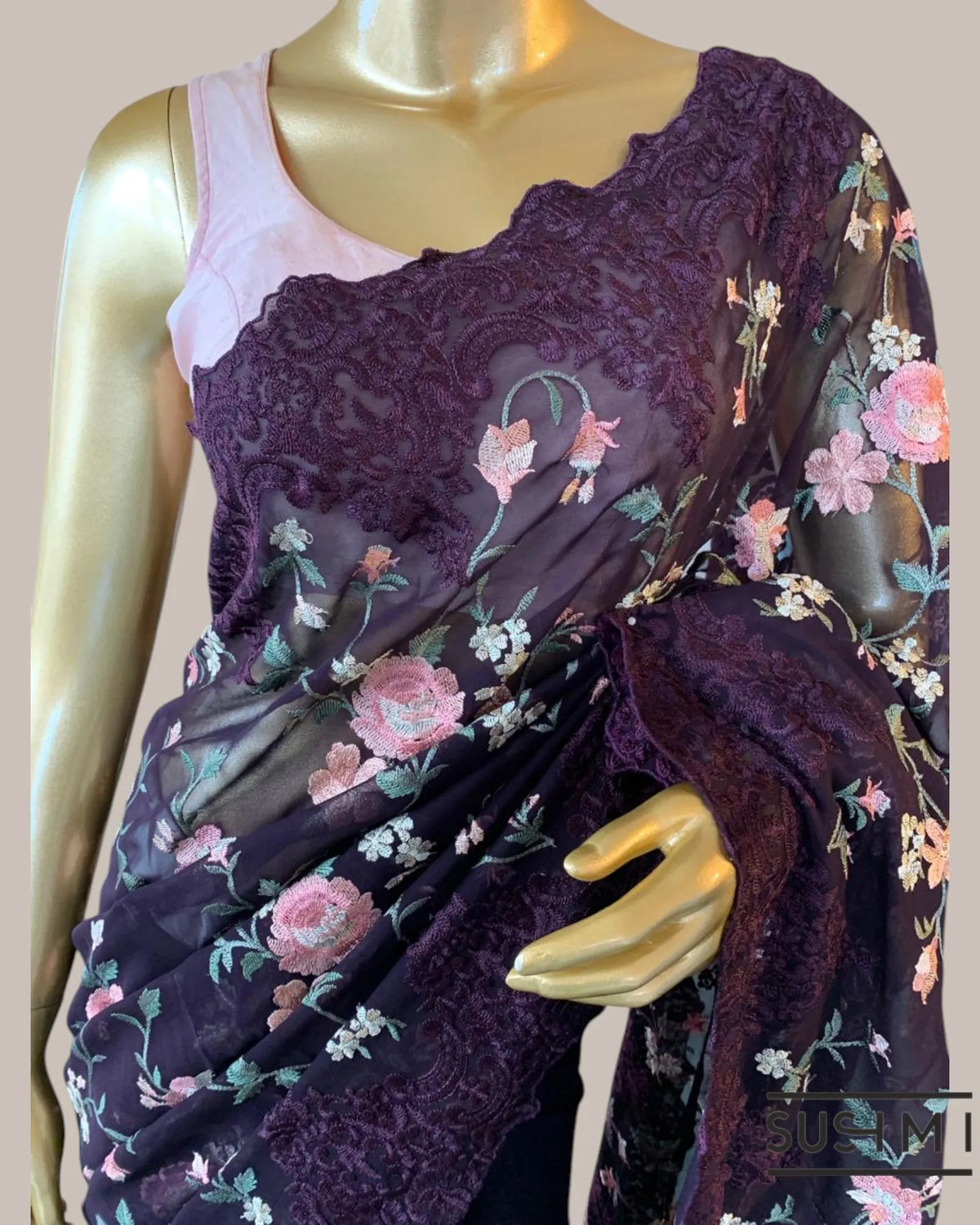 Wine Pure Gorgette Saree With Petite Point Style Allover Embroidery   Original p