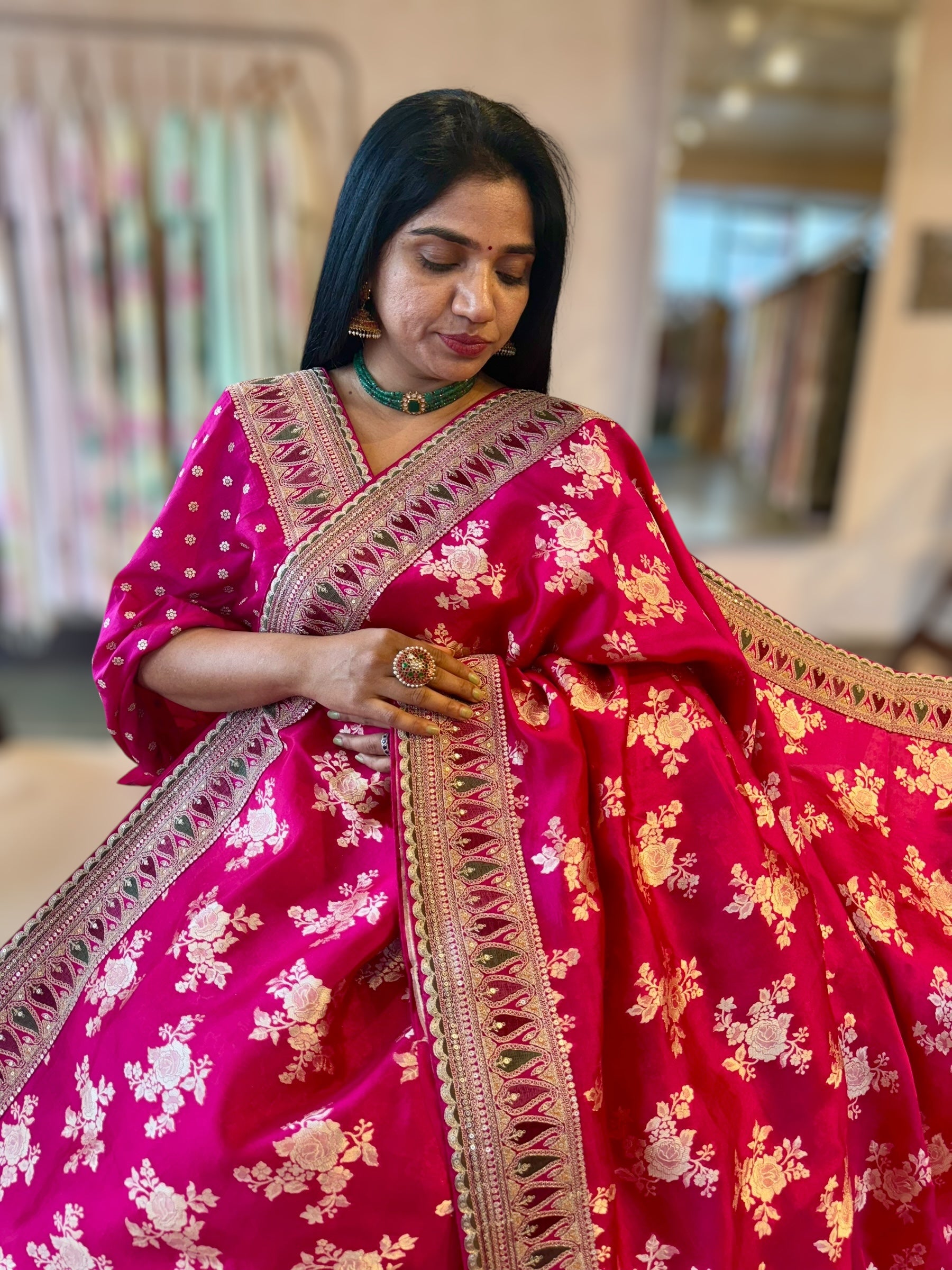 Rani Pink Banarasi Silk Saree With Sabhyasachi Borders