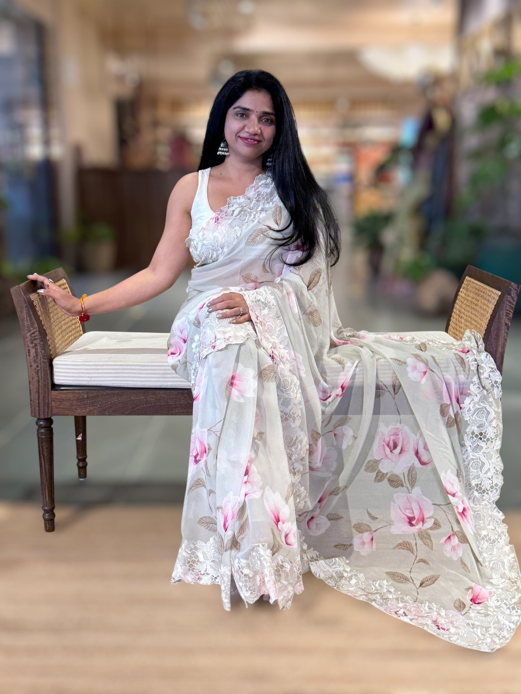 Pure Gorgette Saree With Chatilly Lace style Cutwork embroidered Border