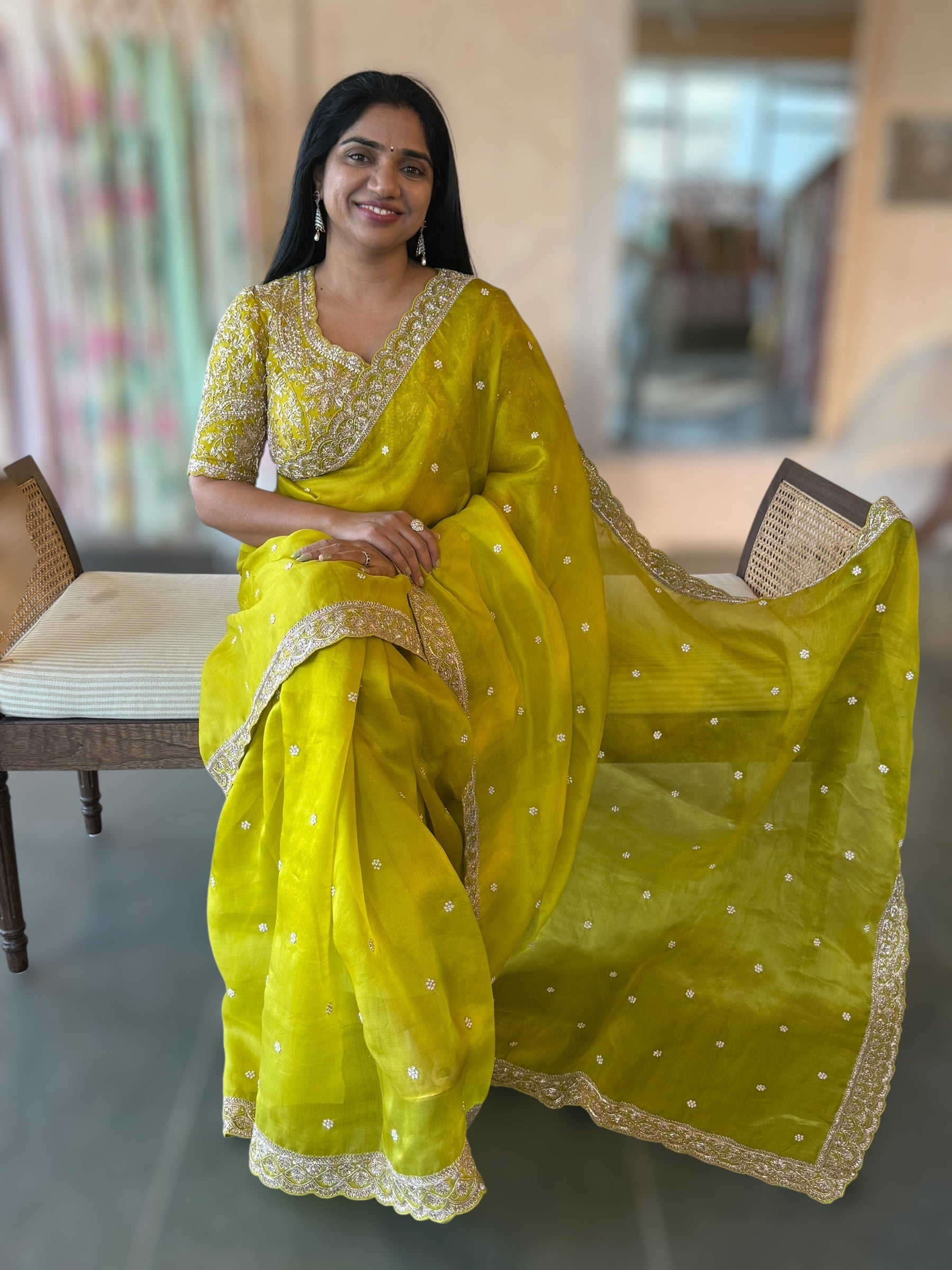 Neon Green Organza Handwork Saree
