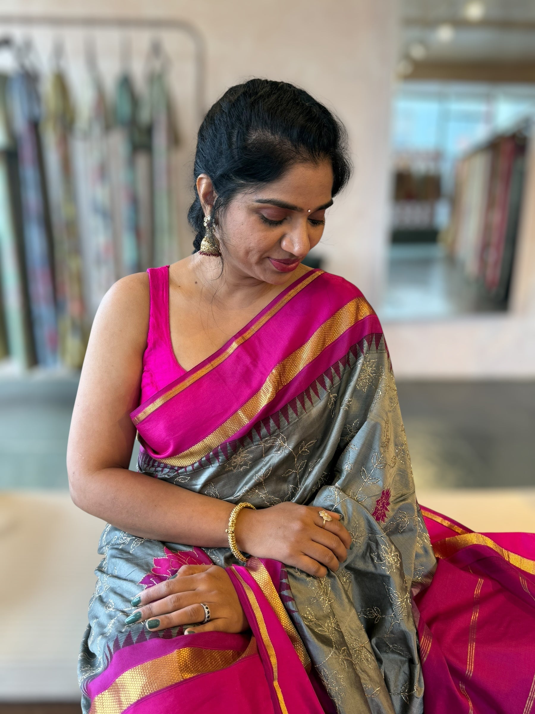 Silverish Grey Kanchi Silk Saree in With Allover Pita & Applique work